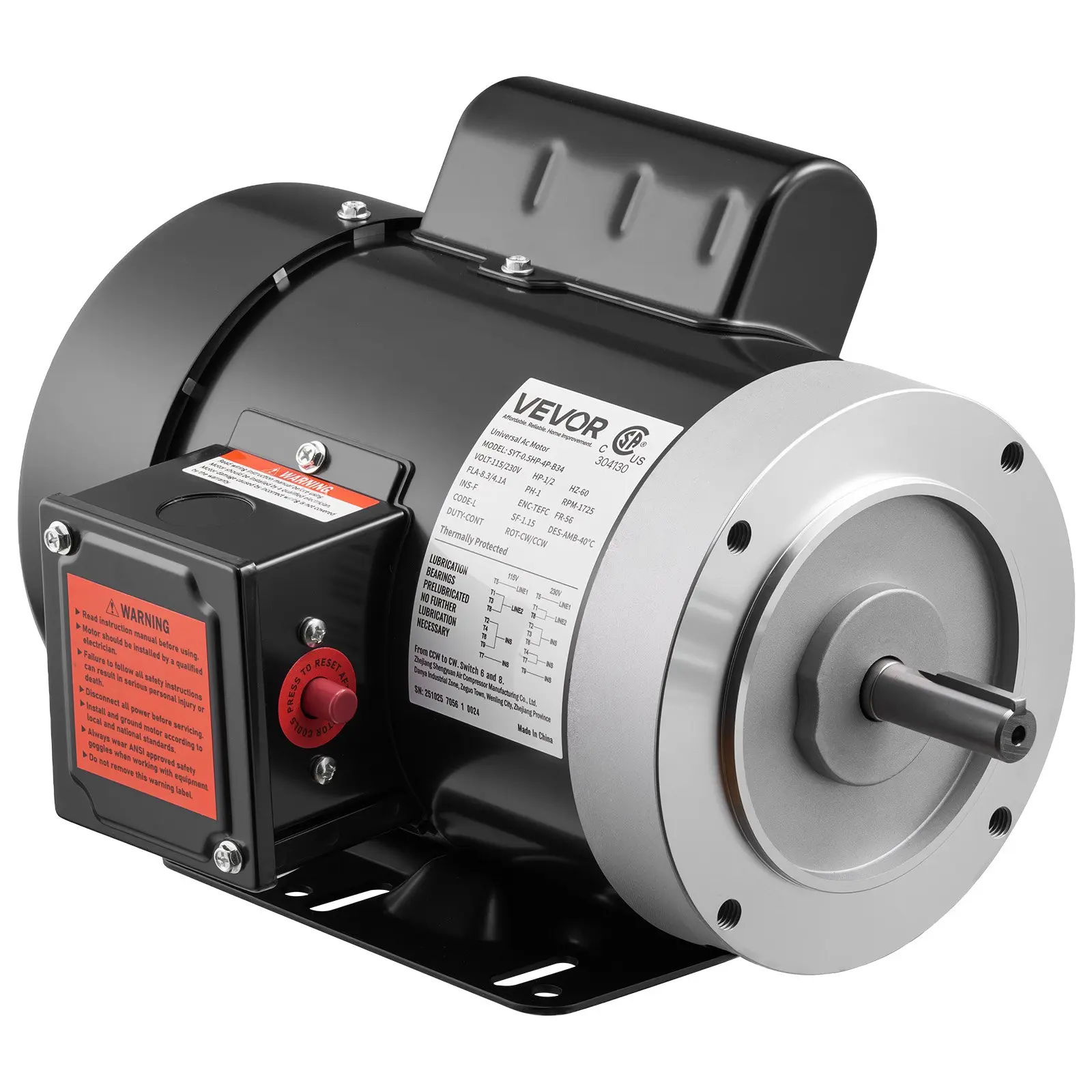 【DealsForYouDays】VEVOR 0.5 HP Electric Motor, 1725RPM Air Compressor Motor, CW/CCW Rotation, 5/8 inch Shaft Diameter, 1.88inch Shaft Length, 2.07N. m Torque, Single-Phase, TEFC Cooling, 115V/230V, 56 Frame