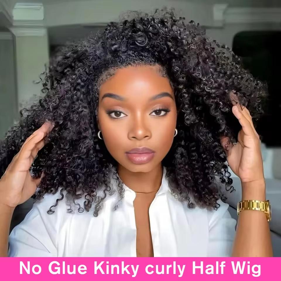 [3 IN 1 Half Wig] Kinky Curly Human Hair Wig Seamless Flip Over Half Wig Deep Wave Invisible Hairline Beginner Friendly Curly Wigs for Women With Drawstring