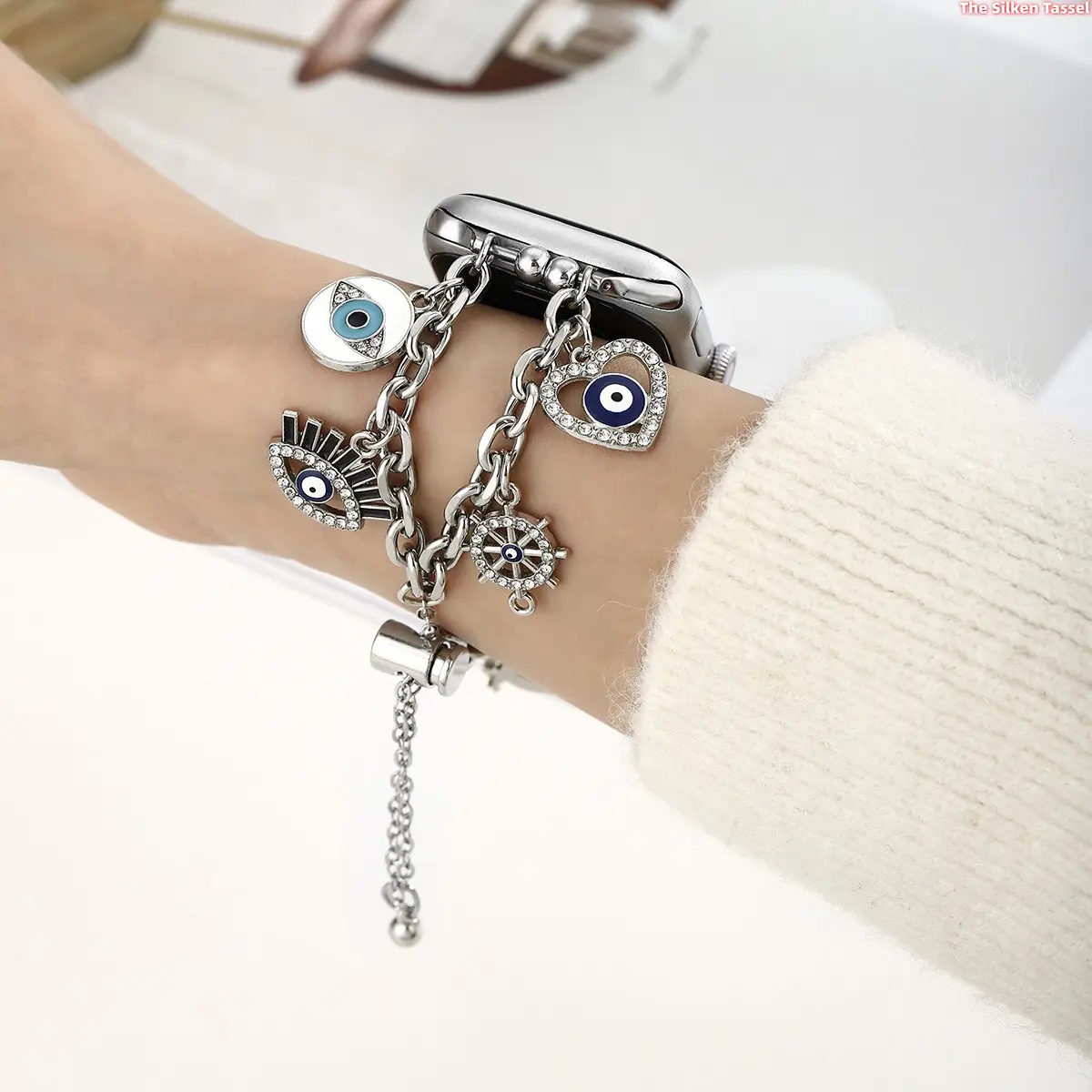 Evil Eye Charm Bracelet Strap for Apple Watch, Gold/Silver Plated Metal Band with Rhinestone, Compatible with iWatch Series 1-11 SE Ultra 2/3 38-49mm, Adjustable Fashion Jewelry Wristband for Women tiktokshopbacktoschool