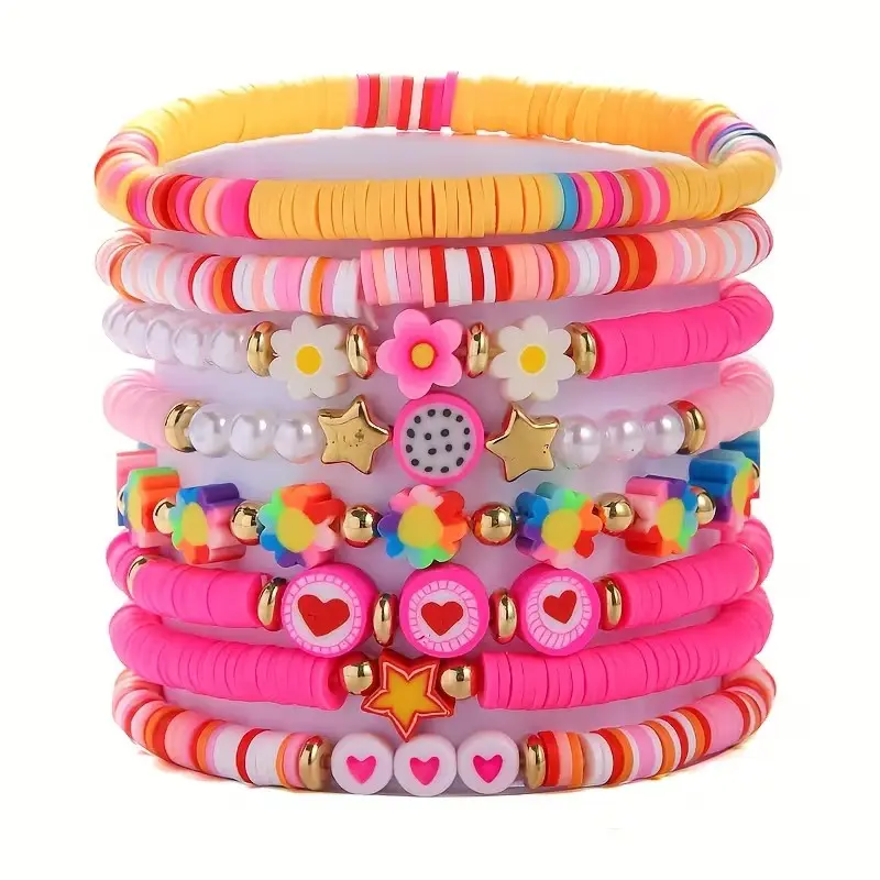 8-Piece Sweet Floral Heart Design Layered Polymer Clay Bracelets Set, Perfect for Valentine's Day, Music Festivals, Parties