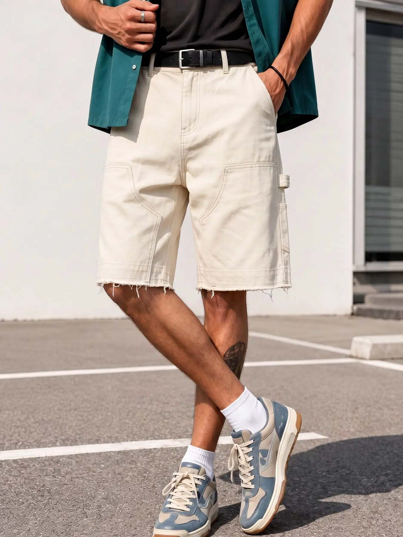 Men's beige workwear knee-length denim jean shorts, loose wide-leg fit, multi-pocket design, raw hem, American streetwear style, suitable for daily outfits and leisure vacations, Casual