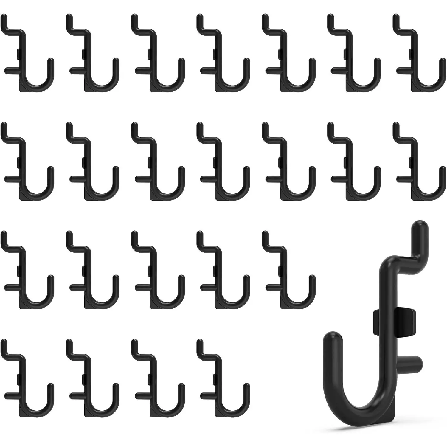 Black 100pc J-Shape Plastic Pegboard Hooks - Fits Standard 1/4 Inch Pegboards, Snap-In Peg Hooks with 15 lb Capacity for Garage Organization, Tools, Cables, Crafts