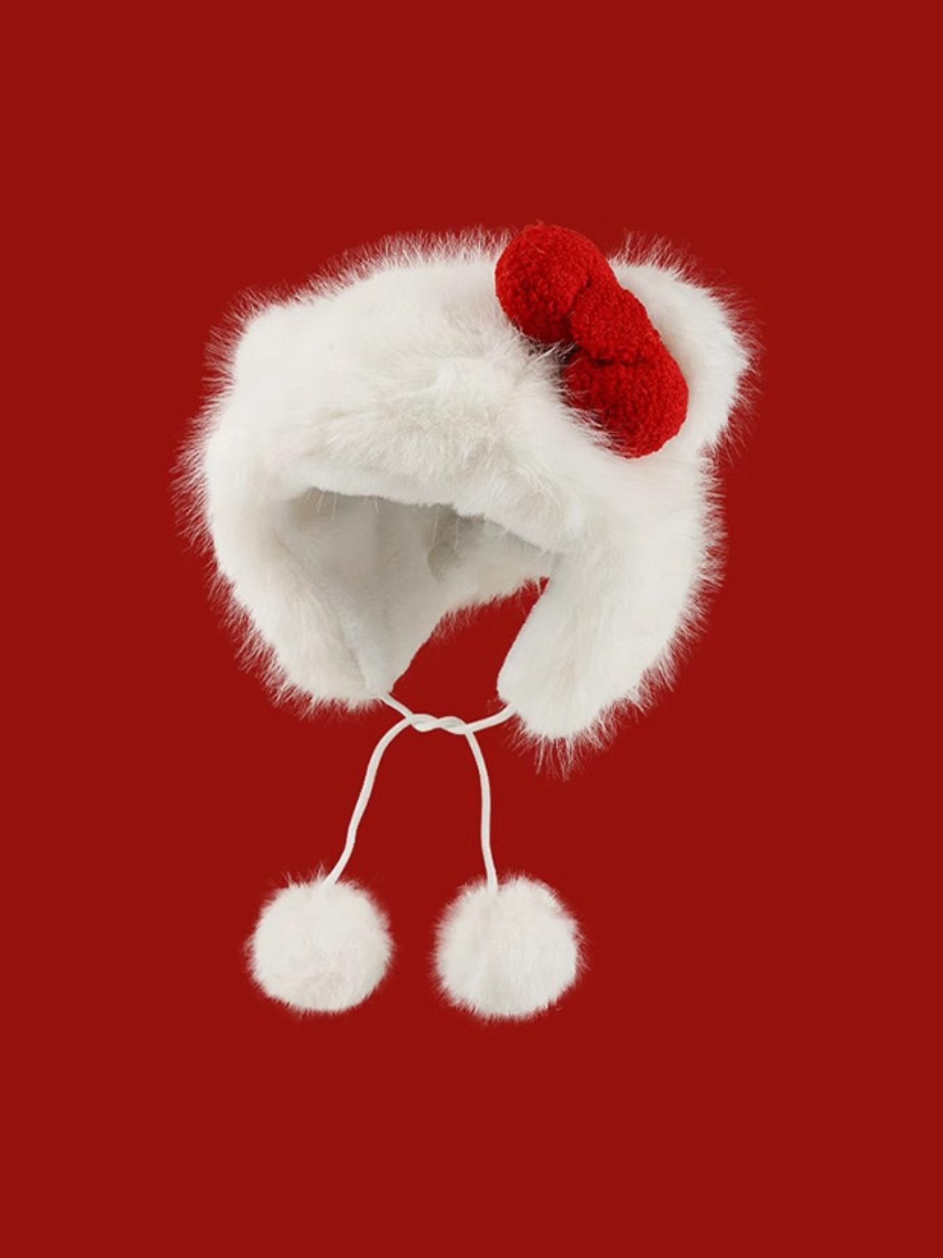 Cute Cat Ear Design Pom Pom Decor Plush Hat, Acrylic Hat, Cute Earflap Hat, New Style Bowknot Design Warm Hat for Fall & Winter, Fashion Accessories for Women