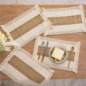 4-Piece Boho Macrame Placemats - Natural Cotton Burlap Picnicware, Farmhouse Kitchen Decor for Dining Room, Wedding Gifts