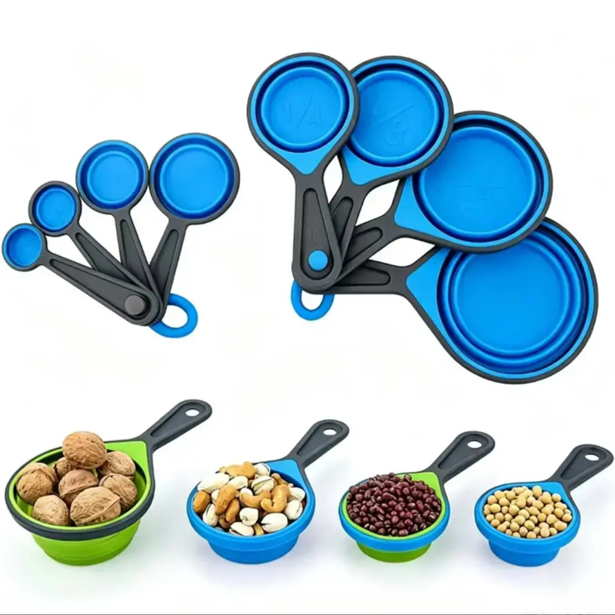 Latest 4-Piece/8-Piece Silicone Folding Measuring Cups and Spoons, Durable Kitchen Tools, Precise Measurement, Easy Clean, Ideal for Cooking