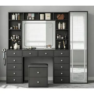 [Shipping by 3 Packages] FUSOU 2-in-1 Vanity Desk Live Flash Sale Full Length Mirror & LED Mirror with Power Outlet, Makeup Vanity 14 Drawers & 10 Shelves, Hidden Storage Capacity, Dimmable & 3 Color Lighting Dressing Table for Bedroom