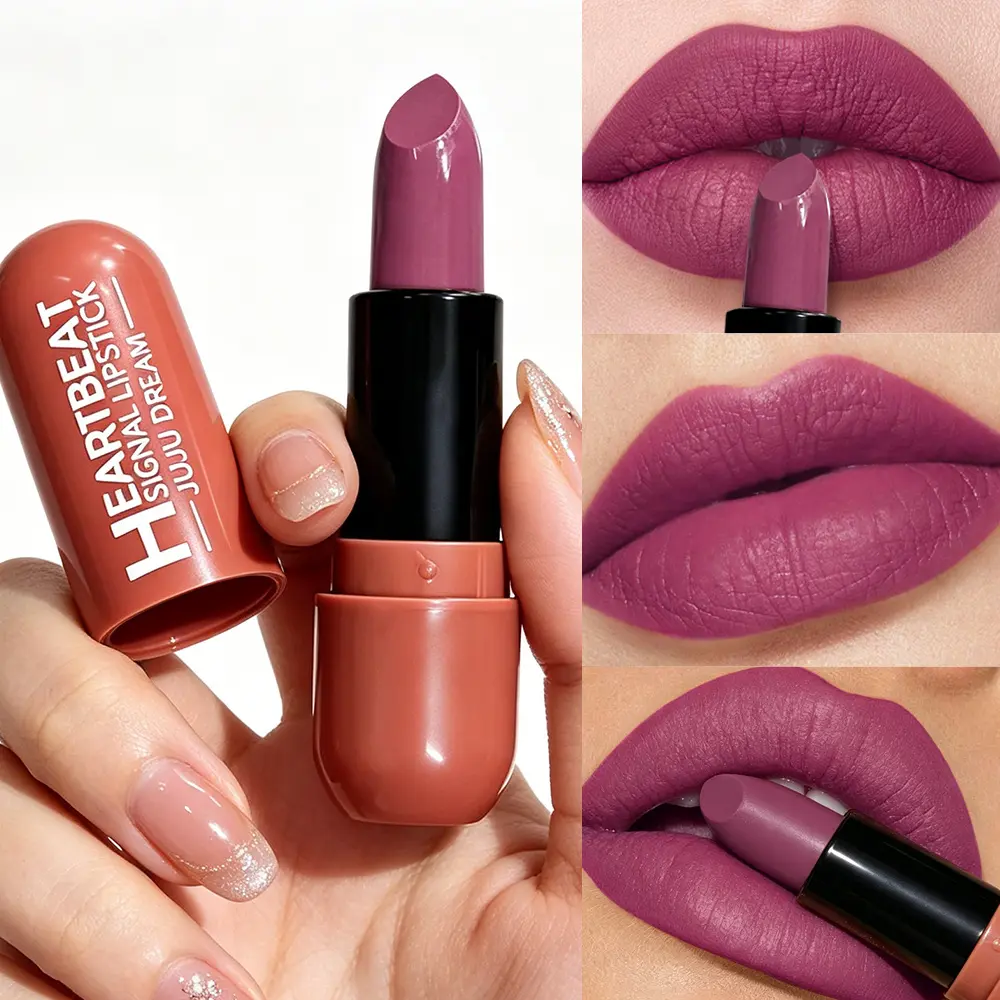 JUJU DREAM Heartbeat Signal Velvet Matte Lipstick, Dusty Rose & Mauve Purple Two Shades Creamy Matte Lip Stick, Rich Highly Pigmented One-swipe Full Coverage, Soft Non-drying Non-crack Comfort Formula, Long Lasting Anti-transfer Wear Cosmetic Lipstick