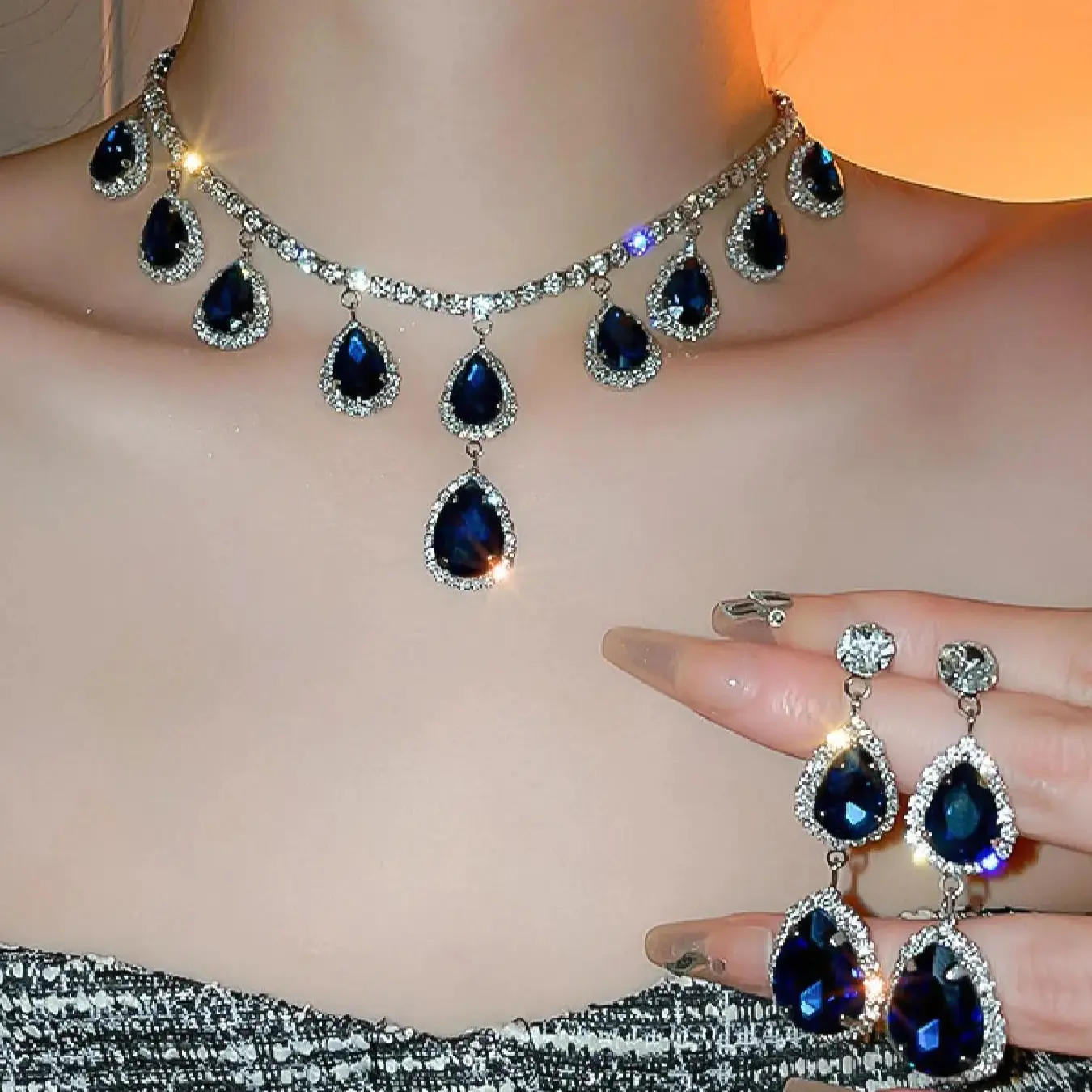 Women's Elegant Jewelry Set, Chic Blue Artificial Crystal Necklace and Earrings, Zinc Alloy for Year-Round Party Wear, Set Look, Chic Fashion Accessory Sets