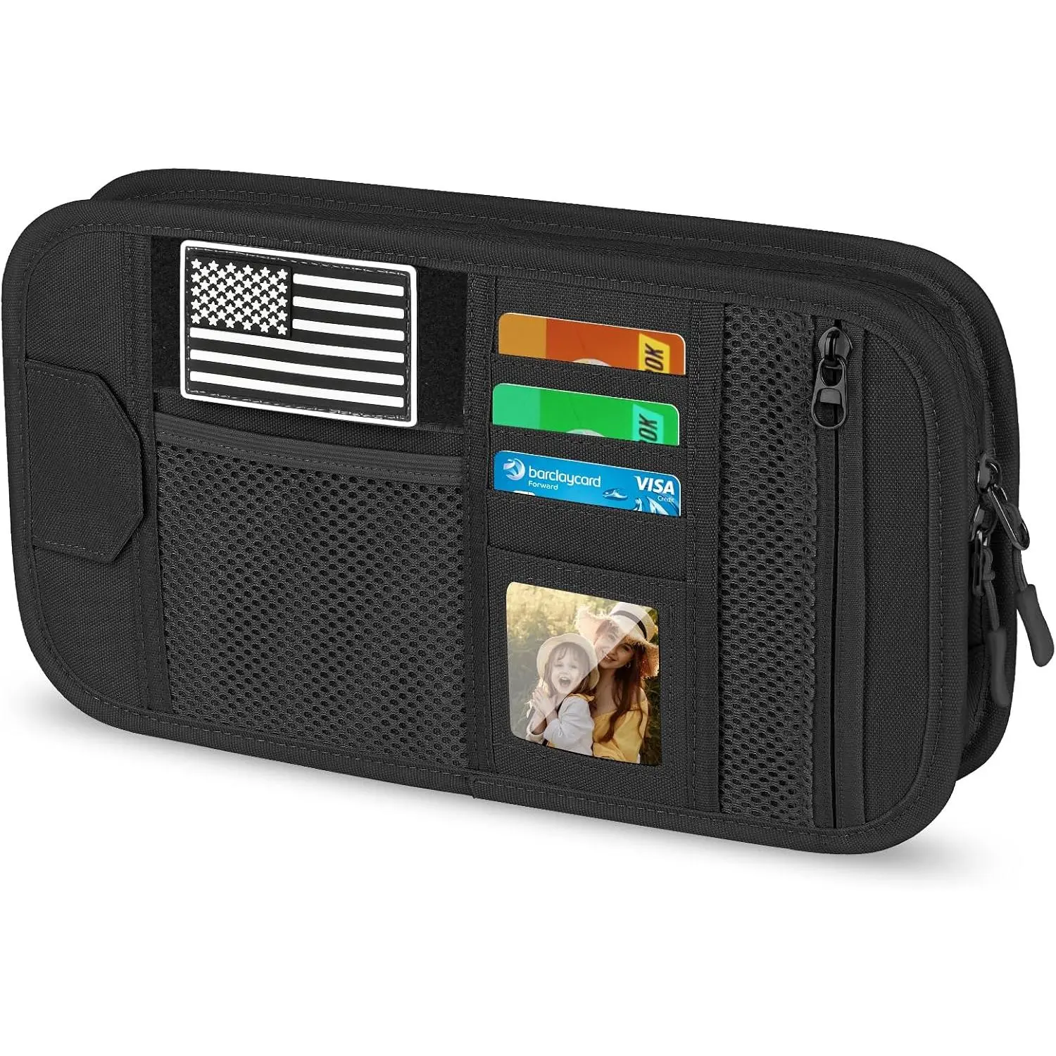 HUANLANG Car Sun Visor Organizer, Tactical Car Accessories with Zipper Storage Pouch, Glasses Clip Card Sleeve Pocket, Multi-Pocket Visor Organizer Fits Most Cars, SUVs, Trucks