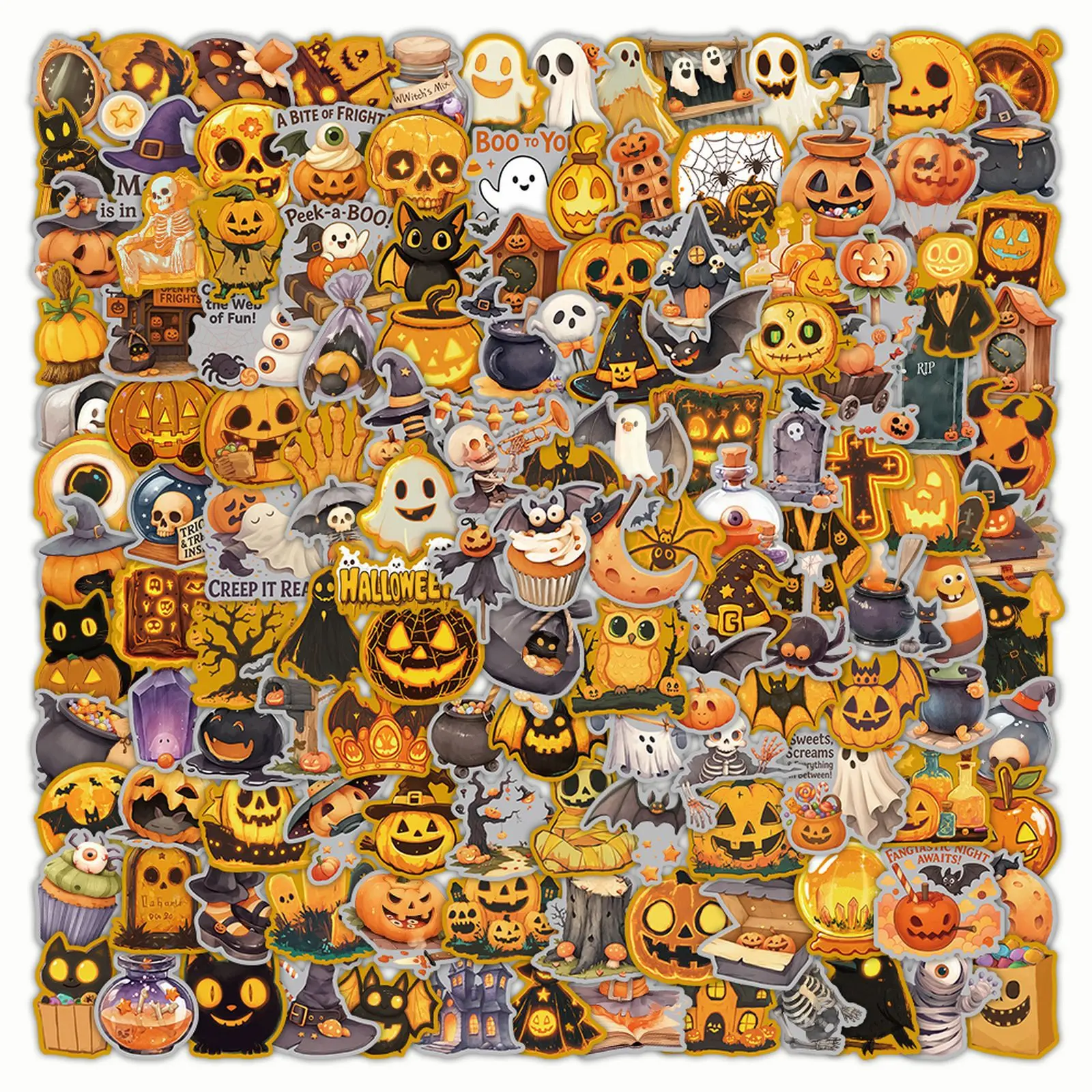 200pcs Halloween Pumpkin Head Gold Foil Sticker Gift Box Series, suitable for scrapbooks, diaries, laptops, water bottles, cars, etc., featuring faith-based designs and positive messages.