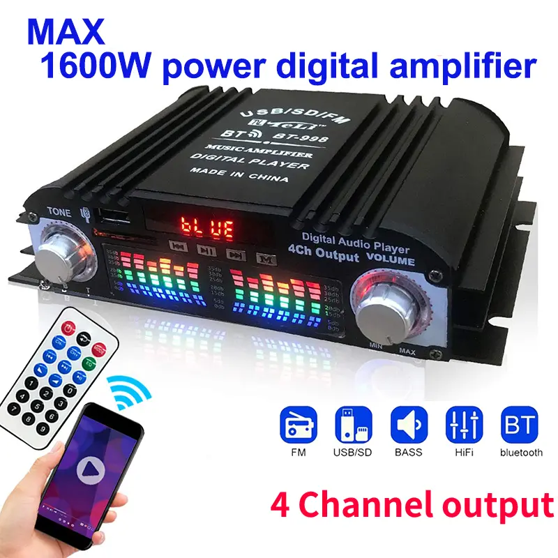 BT-998 1600W Peak Power HiFi Amplifier - Digital 4-Channel Power Amplifier Adapter, Bluetooth Karaoke Device with FM Radio, Remote Control, USB, Card Support