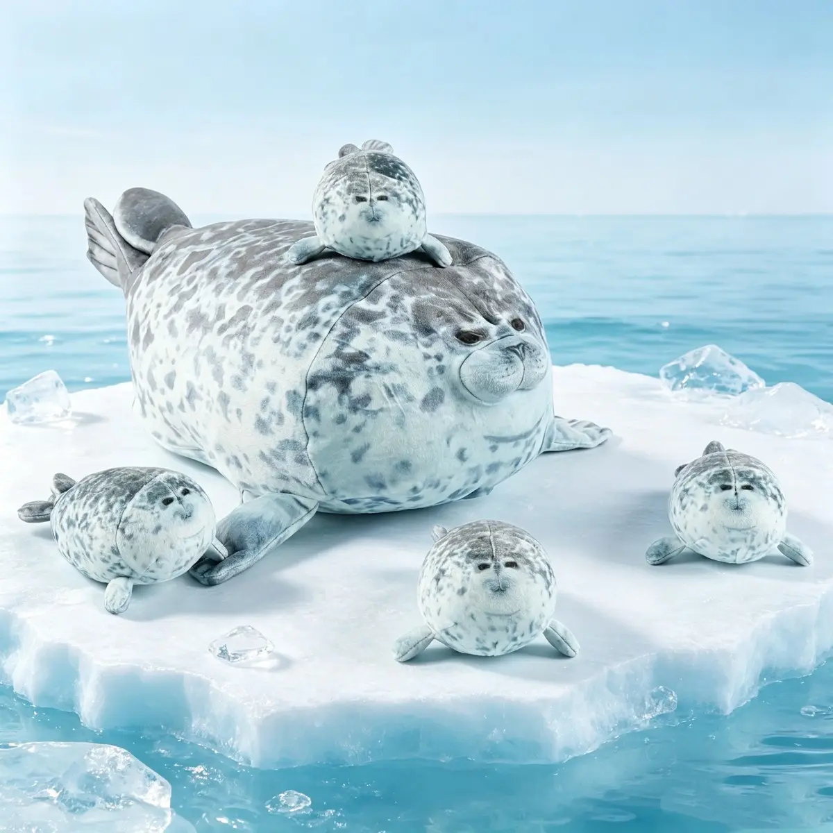 Cute Spotted Mother Seal Plush Set, Large Chubby Mom Seal Body Pillow, Mini Baby Seal Pups, Soft Fluffy Ocean Animal Plush Toy Gift