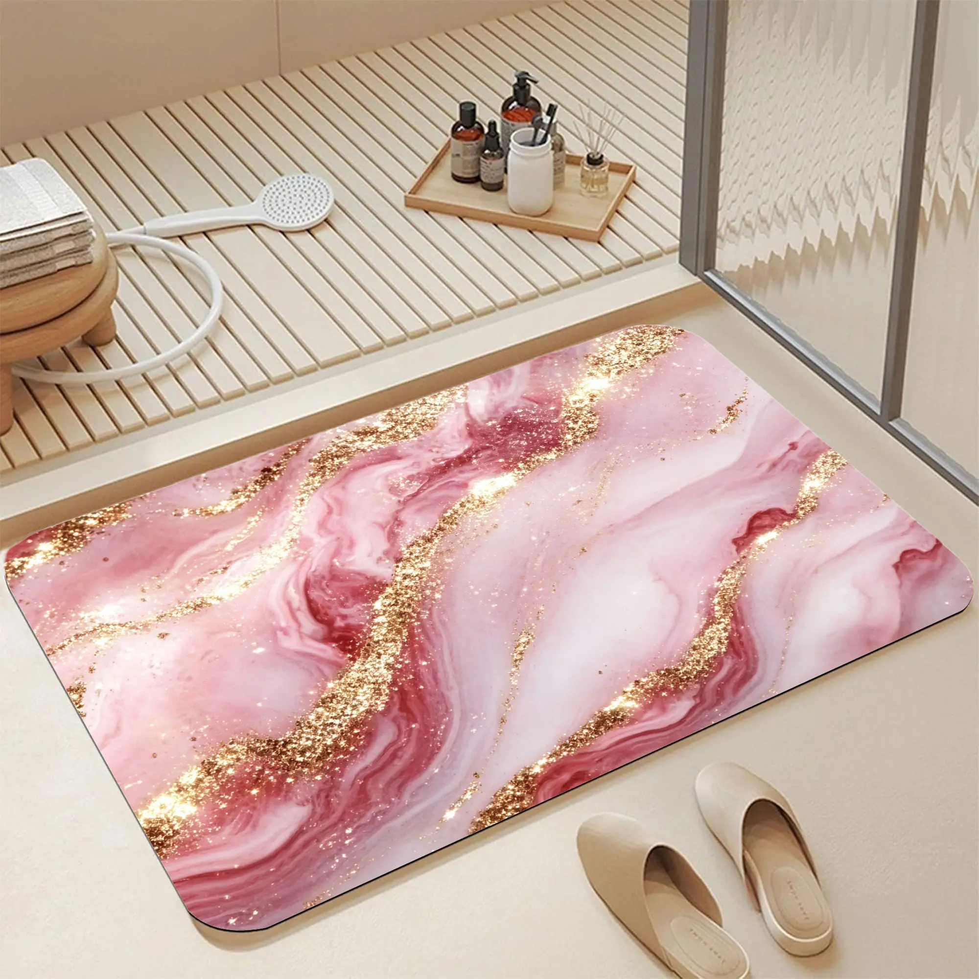 Blush Pink Gold Glitter Marble Diatomaceous Earth Bath Mat, Non Slip Water Absorbent Washable, Girly Luxury Glam Aesthetic Bathroom Decor Rug