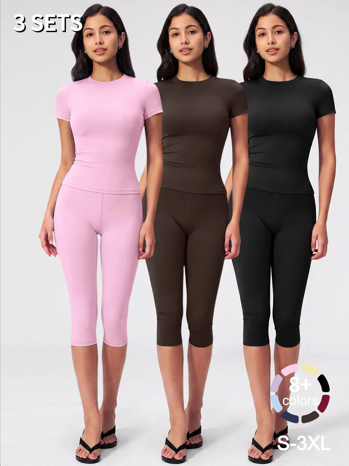 1/3Sets Women's Workout T-shirt Capri Leggings Breathable Body-Shaping Yoga Outfit, High-Waisted Quick-Dry Fitness Wear, Versatile Three-Quarter Shorts Sports Set,summerwins,travel essentials,camping essentials