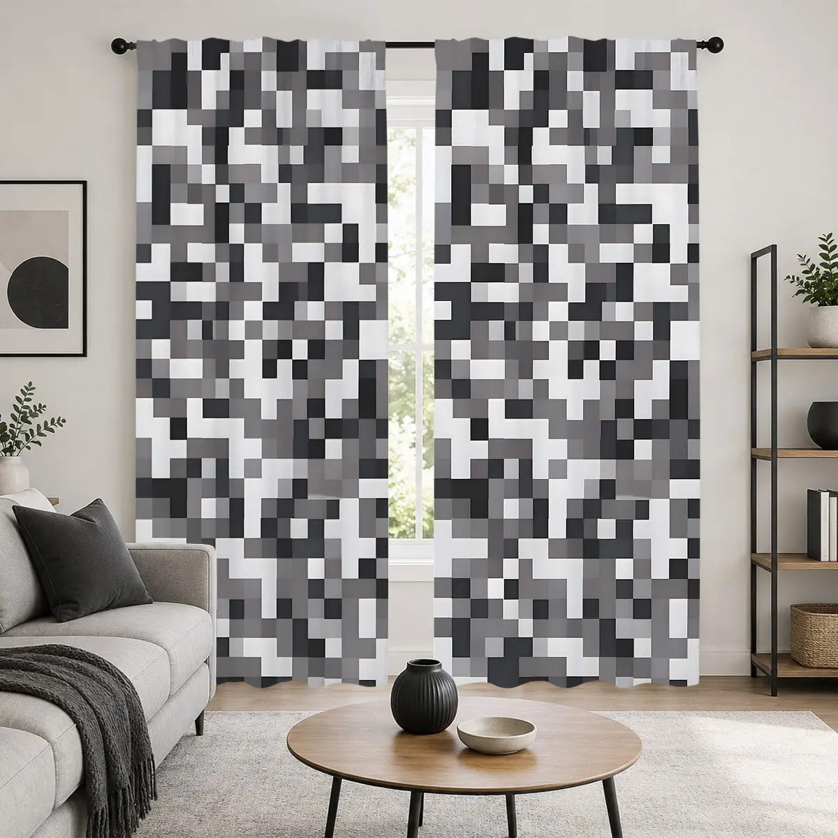 2pcs Mosaic Pixel Drapes, Semi-Sheer Polyester Curtains for Bedroom Kitchen Living Room, Industrial Style Window Treatments