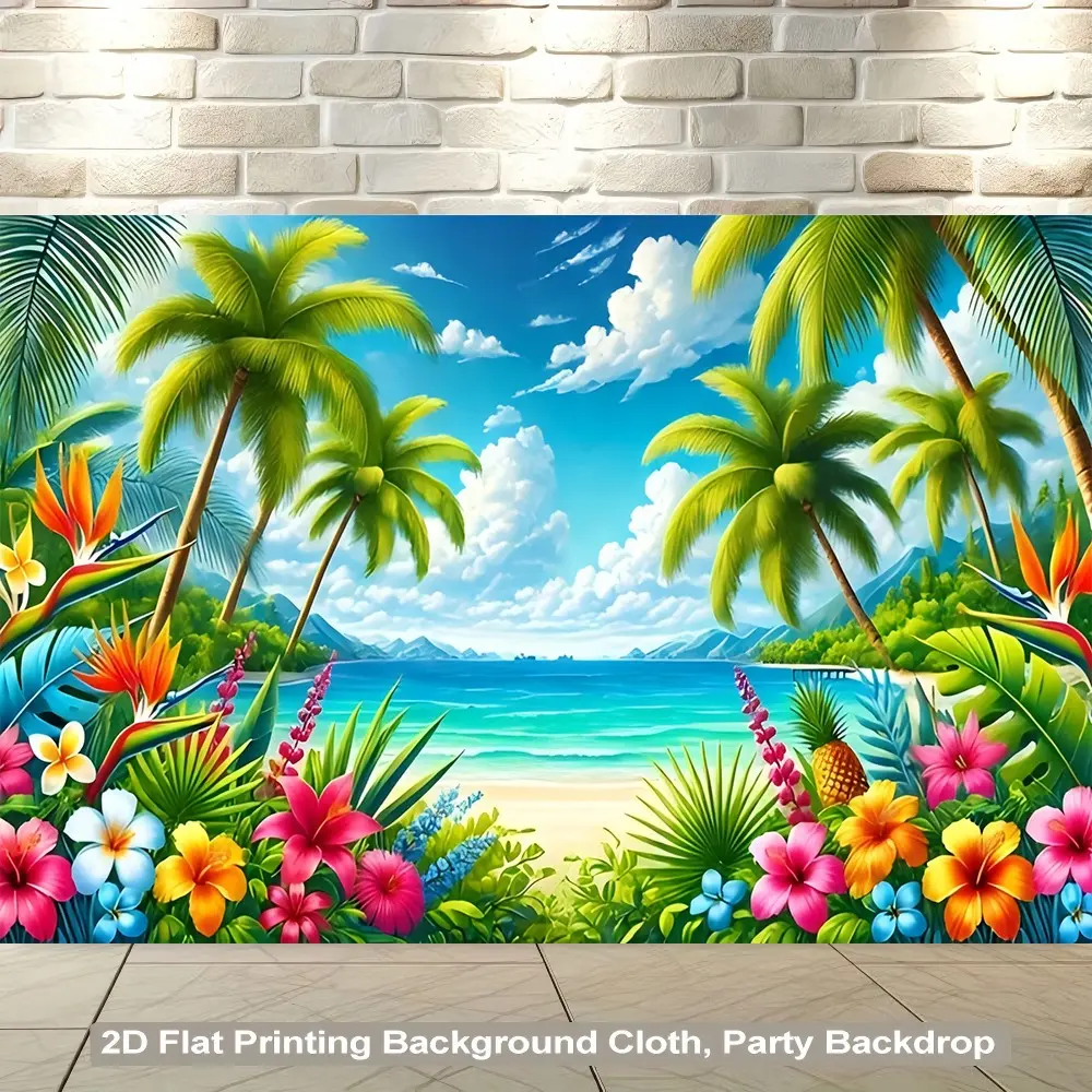 2D Flat Beach Backdrop Banner, Summer Theme with Flowers and Palm Tree Design, Ideal for Parties, Anniversaries, Photography Backdrops