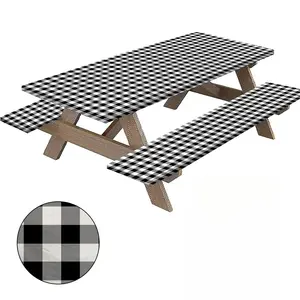 Plaid Picnic Table Cover Set -Outdoor All-Weather Tablecloth with Bench Covers, Waterproof Patio Camping Party Table Protector