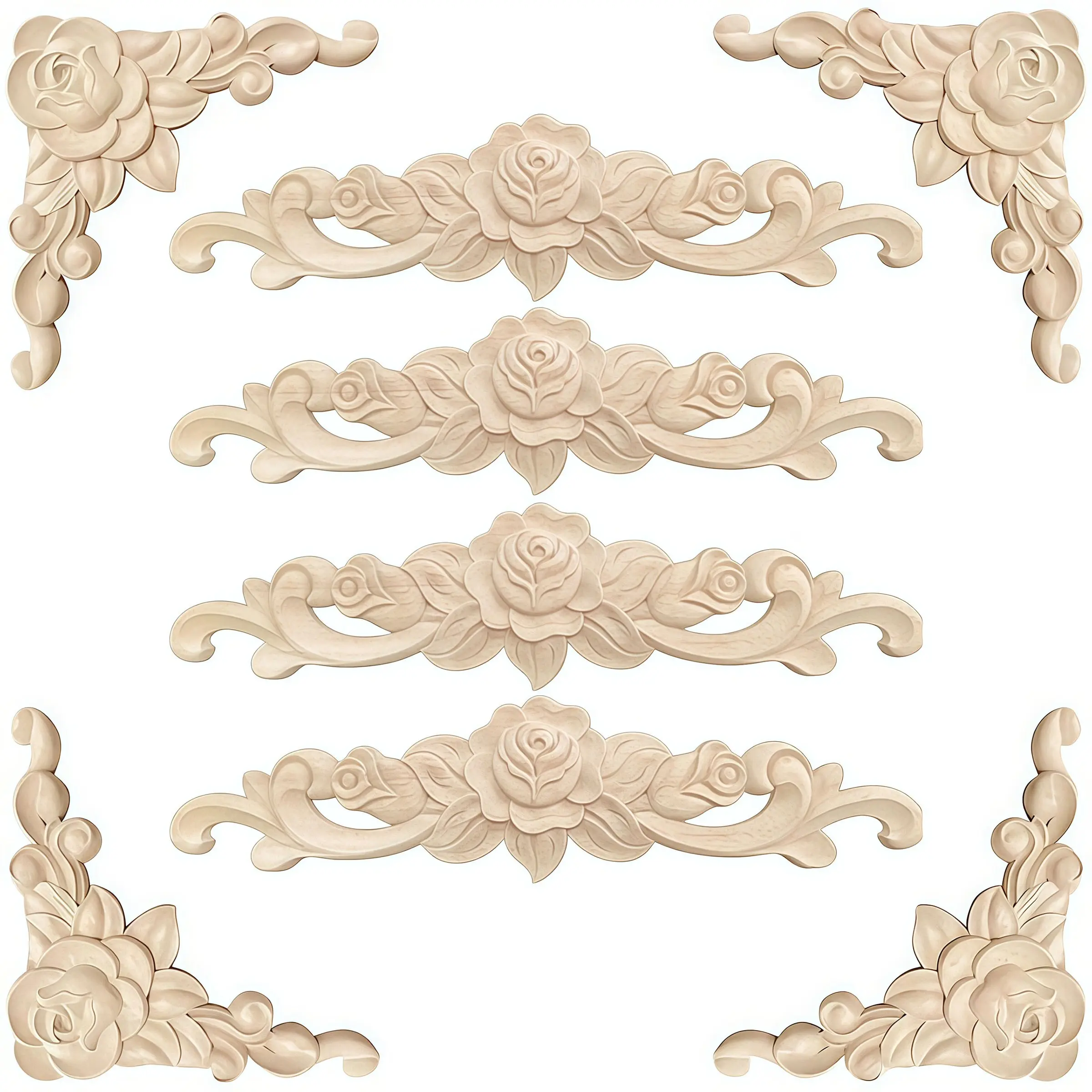 8pcs Unpainted Natural Wood Carved Appliques & Onlays Set, Floral Rose Corner Decals for DIY Crafts, Dollhouse, Furniture Flip & Home Decor