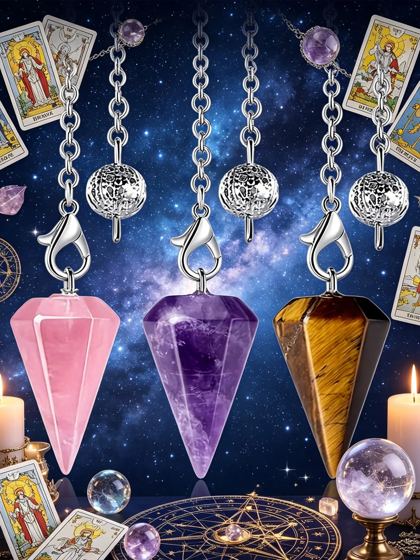 3pcs Natural Stone Crystal Pendulum, Hexagonal Mining Tool, Amethyst, Tiger Eye, Rose Quartz, Spiritual Exploration, Chain Included, Necklace Pendant Jewelry