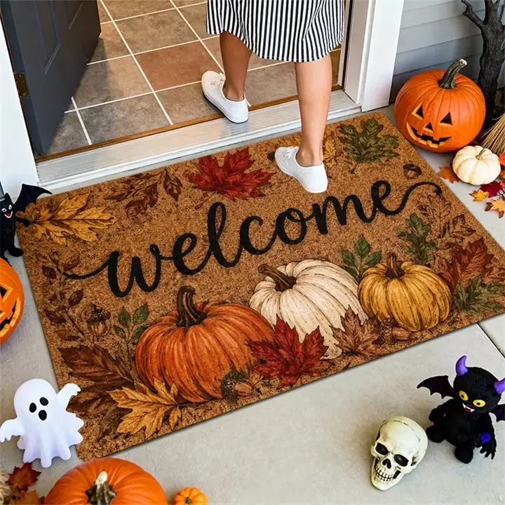 Halloween Pumpkin Front Entryway Decor Mat - Festive Rustic Polyester Fiber Rectangular Indoor Outdoor Rug with Maple Leaf Pattern, Easy-Clean Home Entryway Accessory