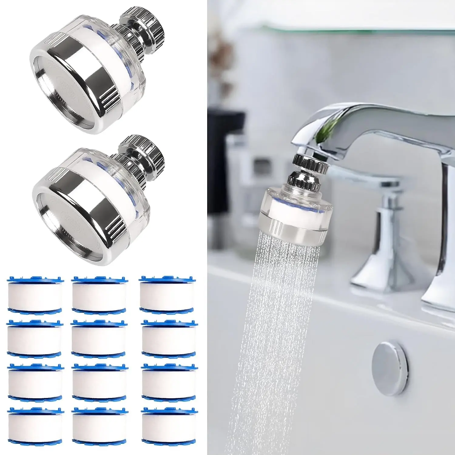 14 Pcs Sink Water Filter with Filter Elements Set, Universal Sink Faucet Filter 360°Rotating,Tap Water Filter Removes Fluoride Hard Water,Faucet Filter Faucet Extender for Home Kitchen SinkGift