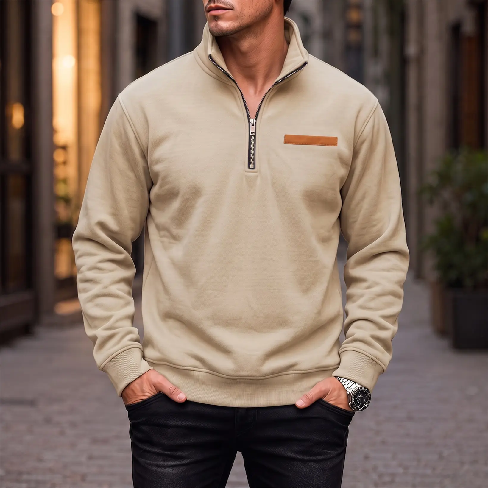 Men's Polyester Blend Loose-Fit Fleece-Lined Quarter-Zip Pullover Sweatshirt - Warm Stand Collar Long Sleeve Soft Sherpa Interior Winter Top, Machine Washable for Daily Wear, Outdoor Use
