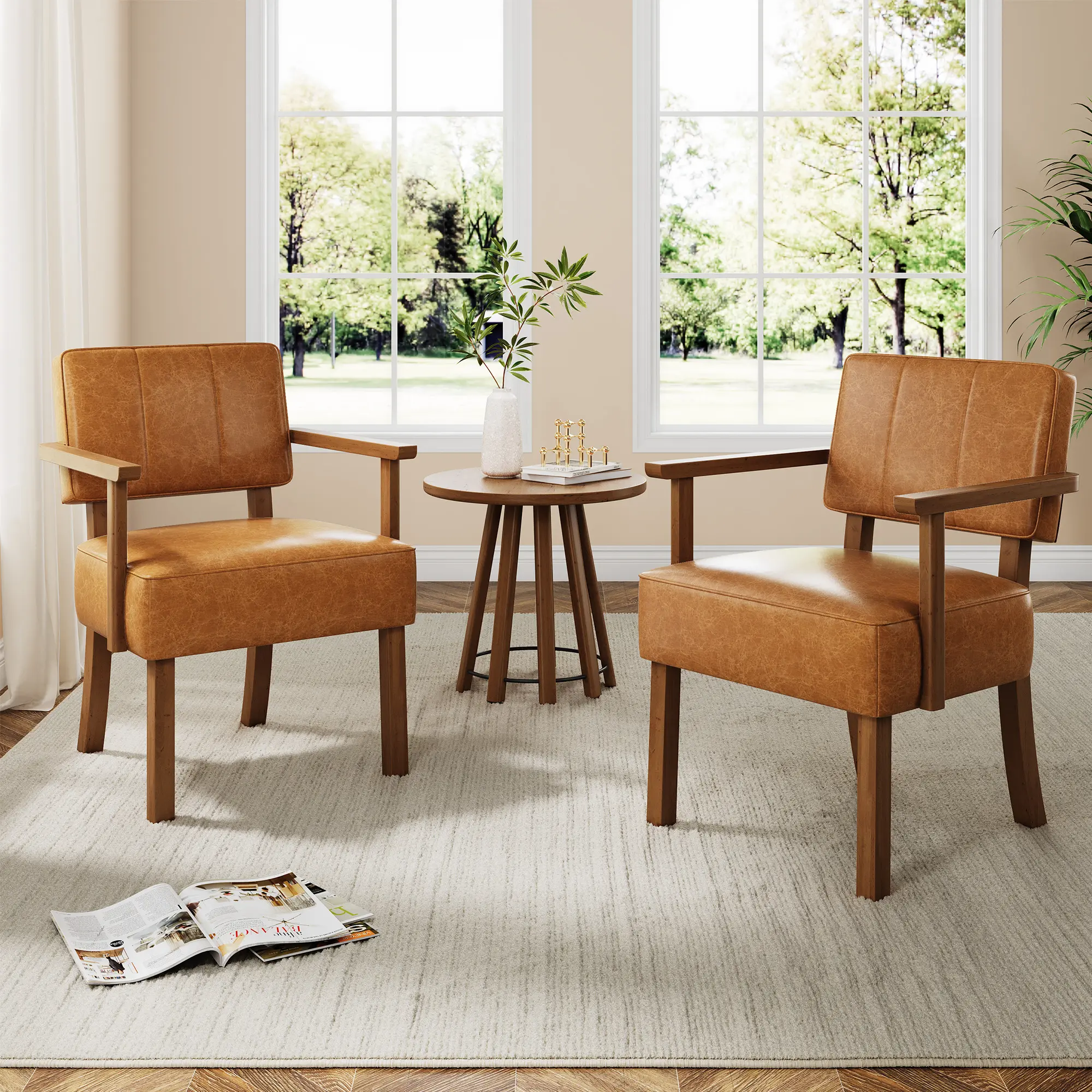 Mid-Century Modern Accent Chair, Upholstered Lounge Armchair with Wood Frame - Vertical Striped Back