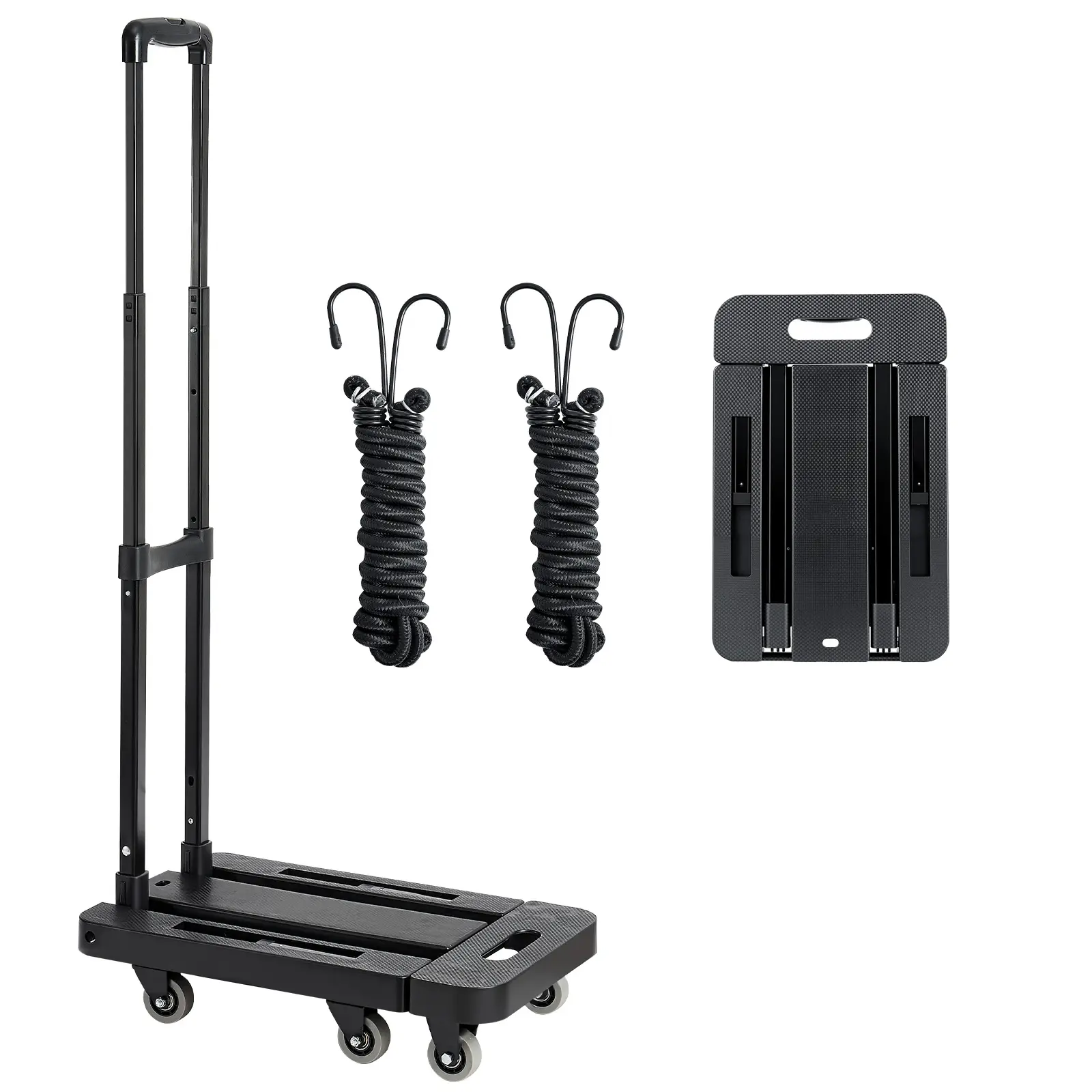 Folding Hand Truck, 500 lbs Load Capacity, Collapsible Luggage Cart with 6 Wheels, 2 Elastic Ropes & Expandable Base, Utility Dolly Platform Cart for Airport Travel Luggage Office Moving, Black