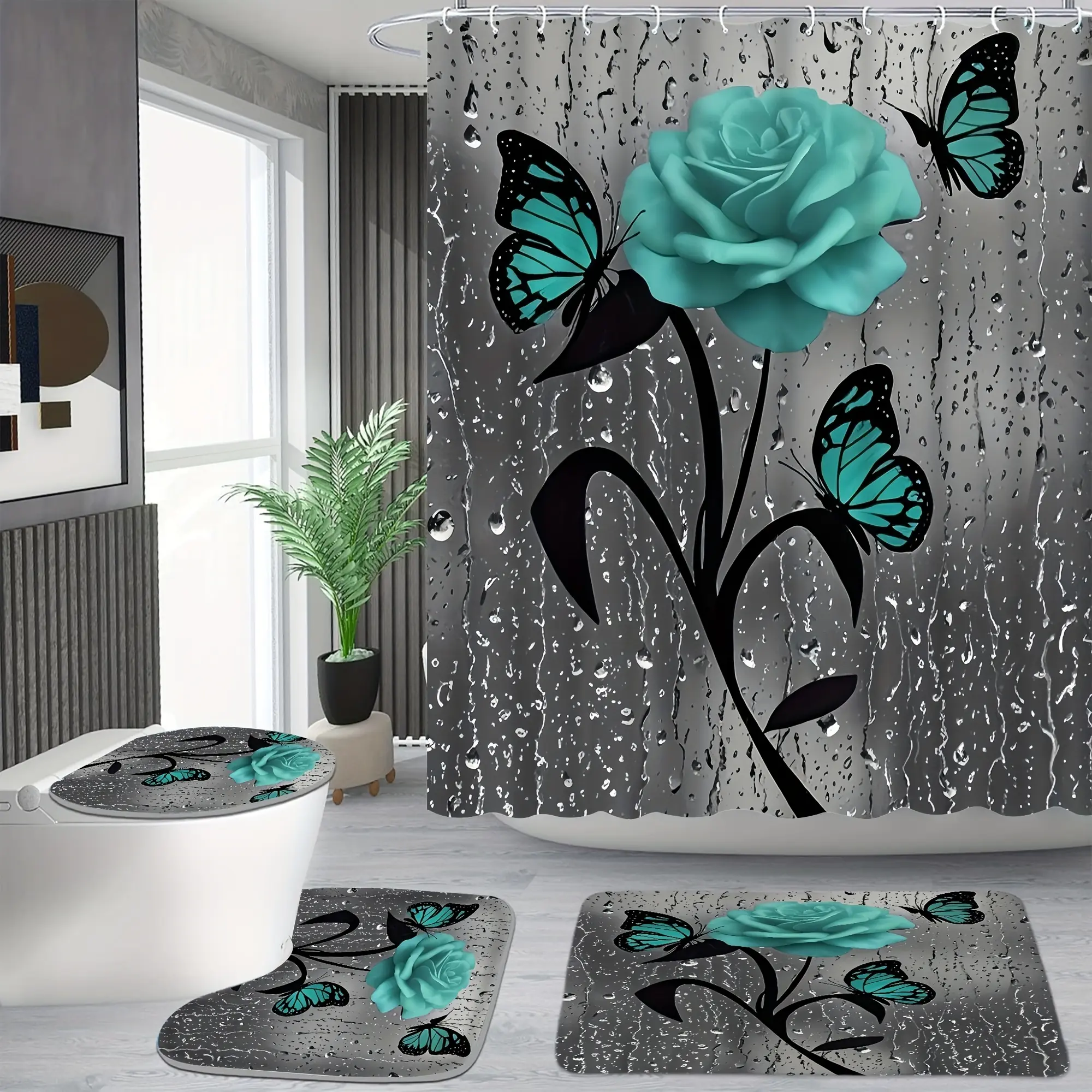 4 pieces rain curtain flower butterfly pattern shower curtain set, with 12 hooks, non-slip bathroom floor mat, toilet U-shaped mat, toilet cover mat, bathroom decoration, bathtub partition