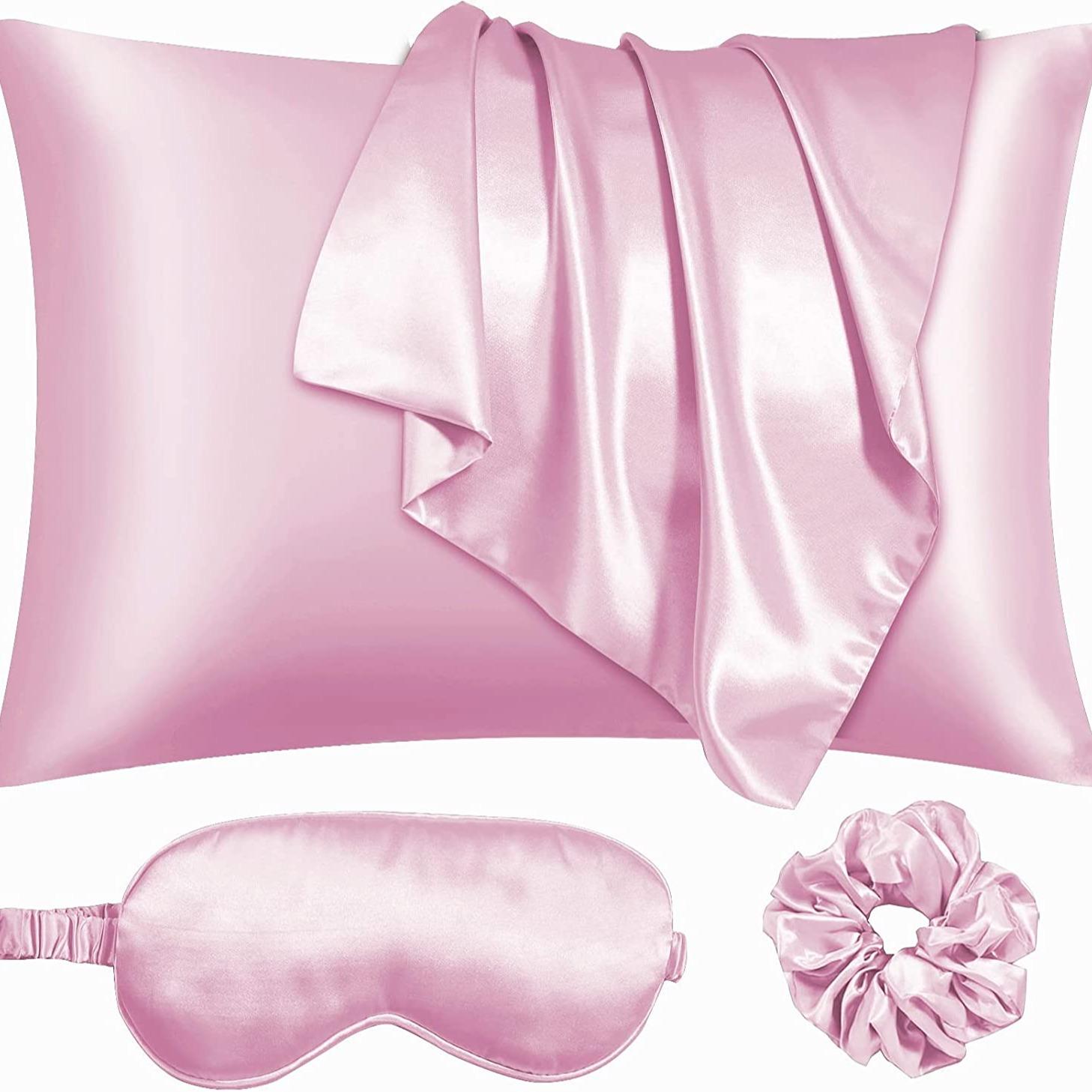 Cozy Room Accessories Solid Color Satin Pillowcase without Filler, 4 Counts Home Accessories Including 2 Pillowcase & 1 Hair Ring & 1 Eye Mask, Room Decor, Valentine's Day Gift