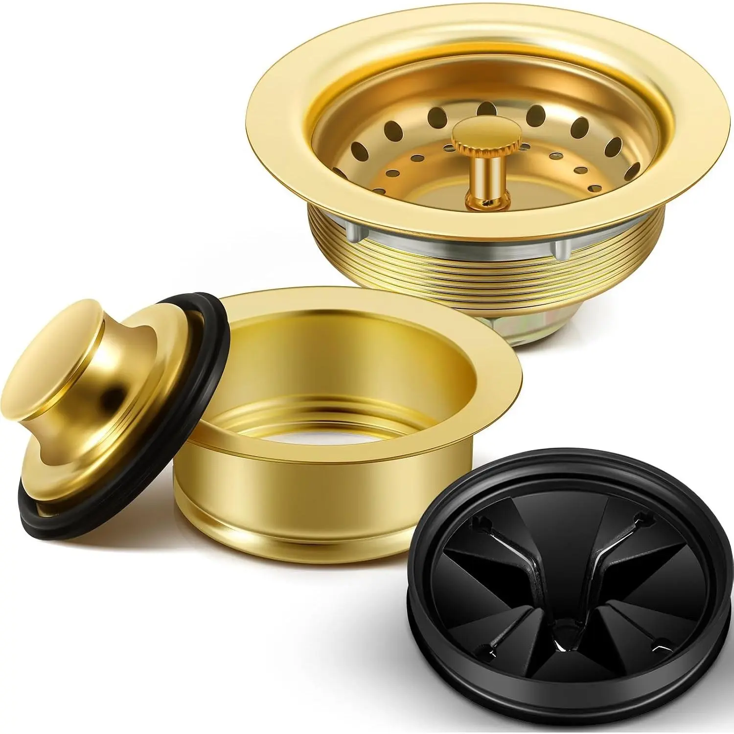5 Pcs 3-1/2 Inch Kitchen Sink Drain Strainer Assembly Garbage Disposal Flange Stopper Plug Garbage Disposal Splash Guard Stainless Steel Sink Drain Strainer Replacement Kit(Gold)