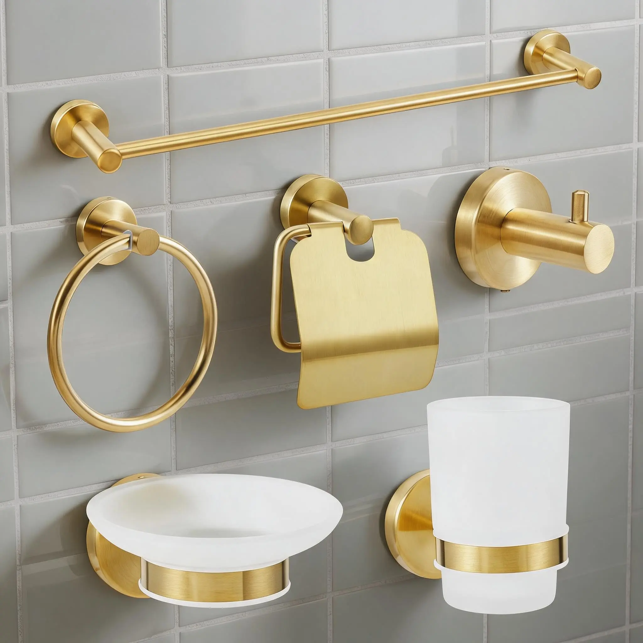 Garvee 6-Piece Gold Bathroom Set - Includes 60cm Towel Holder, Toilet Paper Holder, Towel Ring, Hooks, Toothbrush Cup & Soap Dish Made of Stainless Steel - Complete Bathroom Accessory Set