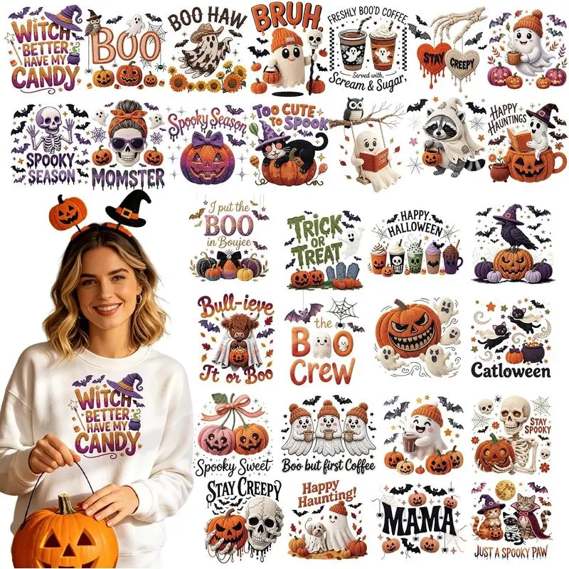 Halloween Iron on Transfers - 30 Sheets Spooky Ghost DTF Ready to Press Bulk Funny Boo Pumpkin Bow Heat Patches Stickers Vinyl Decals Craft Supplies for T Shirts Clothes Pillow Bag DIY Crafts Decorations