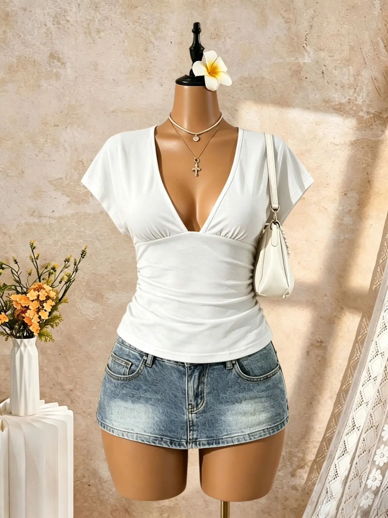 Women's Deep V Neck Pleated Slim Fit Short Sleeve Blouse Shirt Top, Casual Y2K Style Aesthetic Polka Dot T-Shirt, Daily Wear Fashionable Tee, Body Hugging Tops