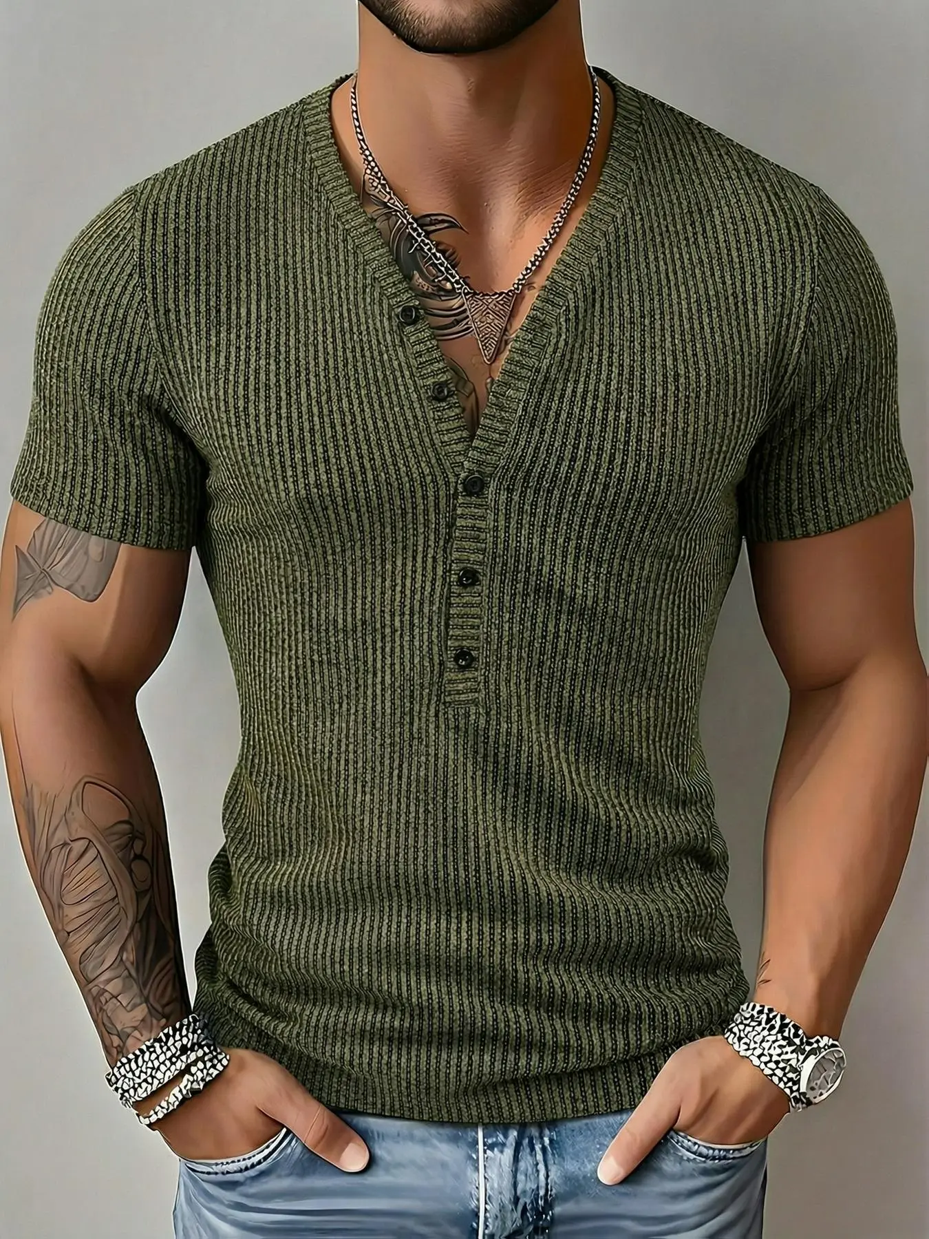 Men's Spring New Striped Fabric Deep V Neck Short Sleeve Outdoor Fashion Sport Top, Sexy Slim-Fitting Chic Fit Casual Long Clothing