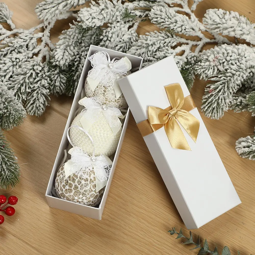 Elegant Lace Pearl Bow Christmas Balls Set, 3/9/12 Pieces, Style Christmas Tree Decorations, Festive Holiday Ornaments