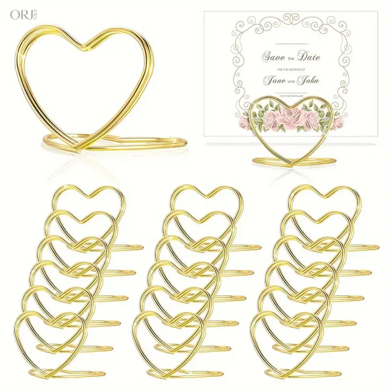 18PCS Unisex Golden Creative Double-Layer Heart-Shaped Desk Card Holder - Vertical Tabletop Photo Note Clip, Decorative Name Place Holder for Wedding Party Events