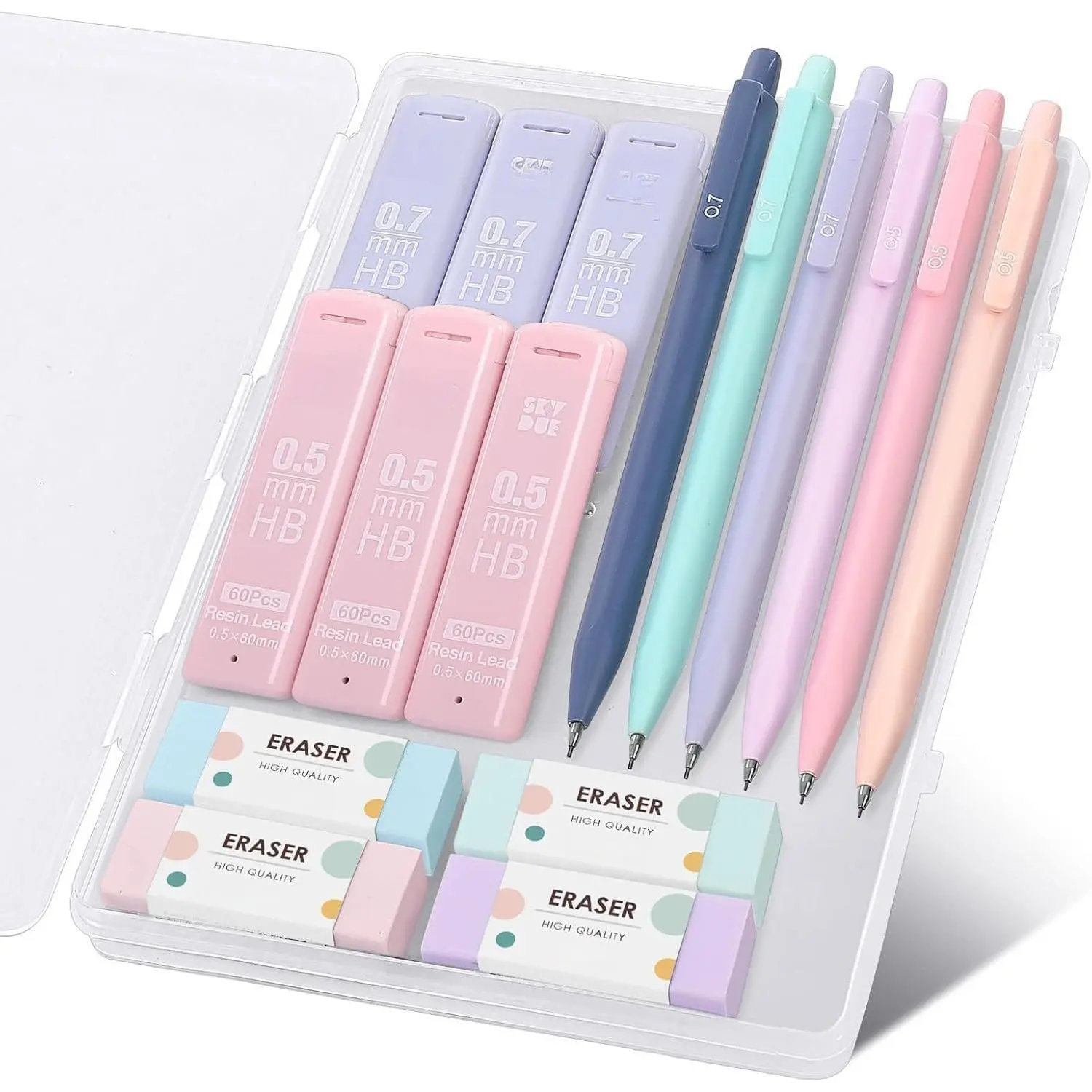 Cute Mechanical Pencils Set, 0.5mm & 0.7mm Mechanical Pencils, 360 count HB Lead Refills, 4 count Pastel Erasers, Pastel Aesthetic School Supplies for Writing, Drawing and Sketching