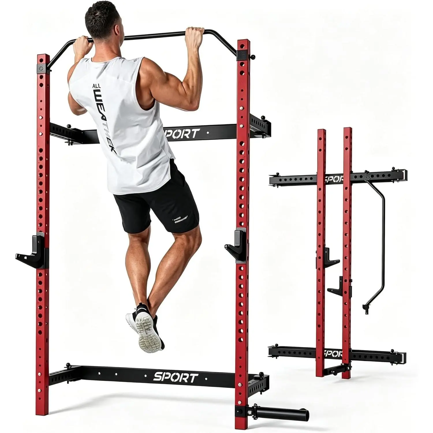 Wall-Mount Foldable Squat Power Rack, 1100 LBS Load Rating Home Gym Power Cage | 2.36"×2.36" Compact Frame Equipped with Pull-Up Bar, J-Hooks and Landmine Attachments, Ideal for Garages, Basements & Compact Workout Spaces
