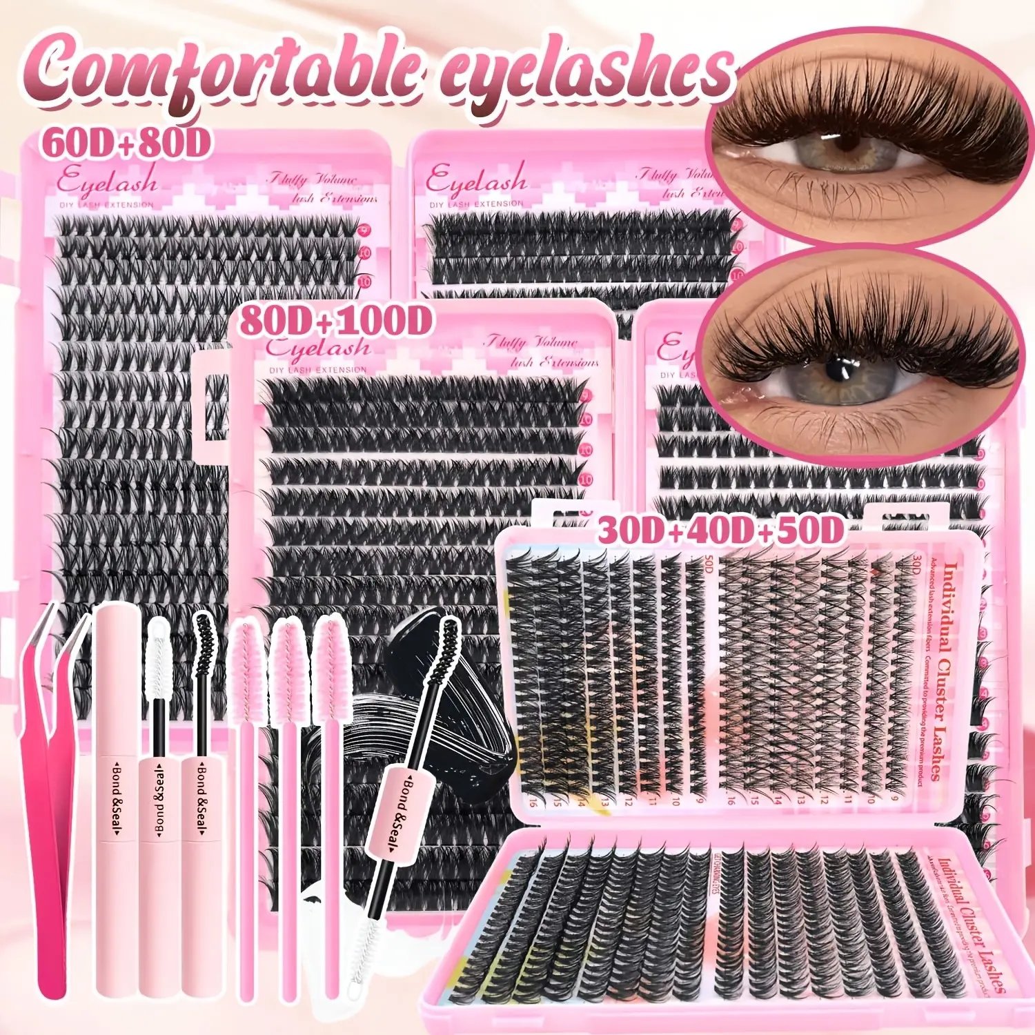 640 Pcs False Eyelashes Set, DIY Eyelashes Kit, DIY Eyelash Extensions, Diy Volume Eyelashes, Includes Glue, Setting Liquid, Tweezers, Brush, Easy for Beginners, Large Storage Box, Durable and Voluminous