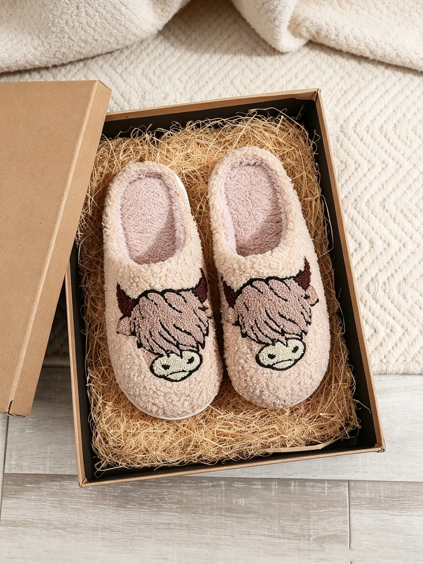 Soft Plush Highland Cow Women Slippers, Cute Embroidered Animal Design, Indoor Outdoor Warm Non-Slip Shoes, Fall Winter Gift for Cow Lovers, Casual Home Slippers, Warm House Slippers