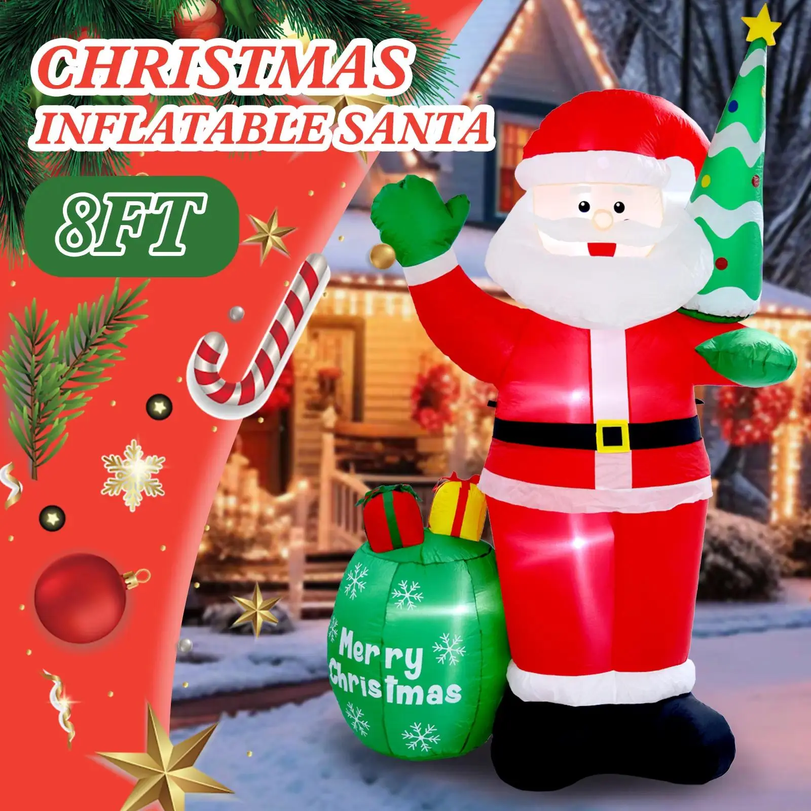 Inflatable Santa Claus & Snowman Figures Waterproof Polyester Fiber Outdoor Garden Yard Decor Indoor Christmas Party Decorations(5-8 FT available) Led Star Light Garden Patio Decoration