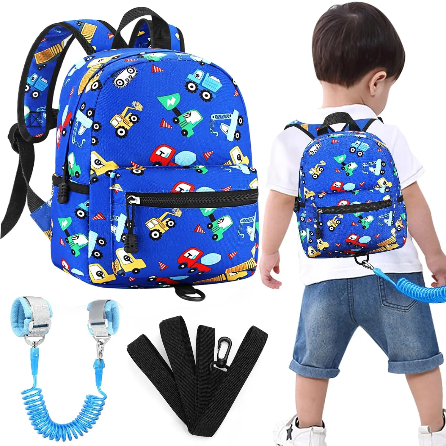 Toddler Backpack with Leash, Cute Kids Backpacks with Anti Lost Wrist Link, Mini Baby Backpack Leash Walking Harness for Outdoor Travel, Small Excavator Backpack Tether Protector for Boys