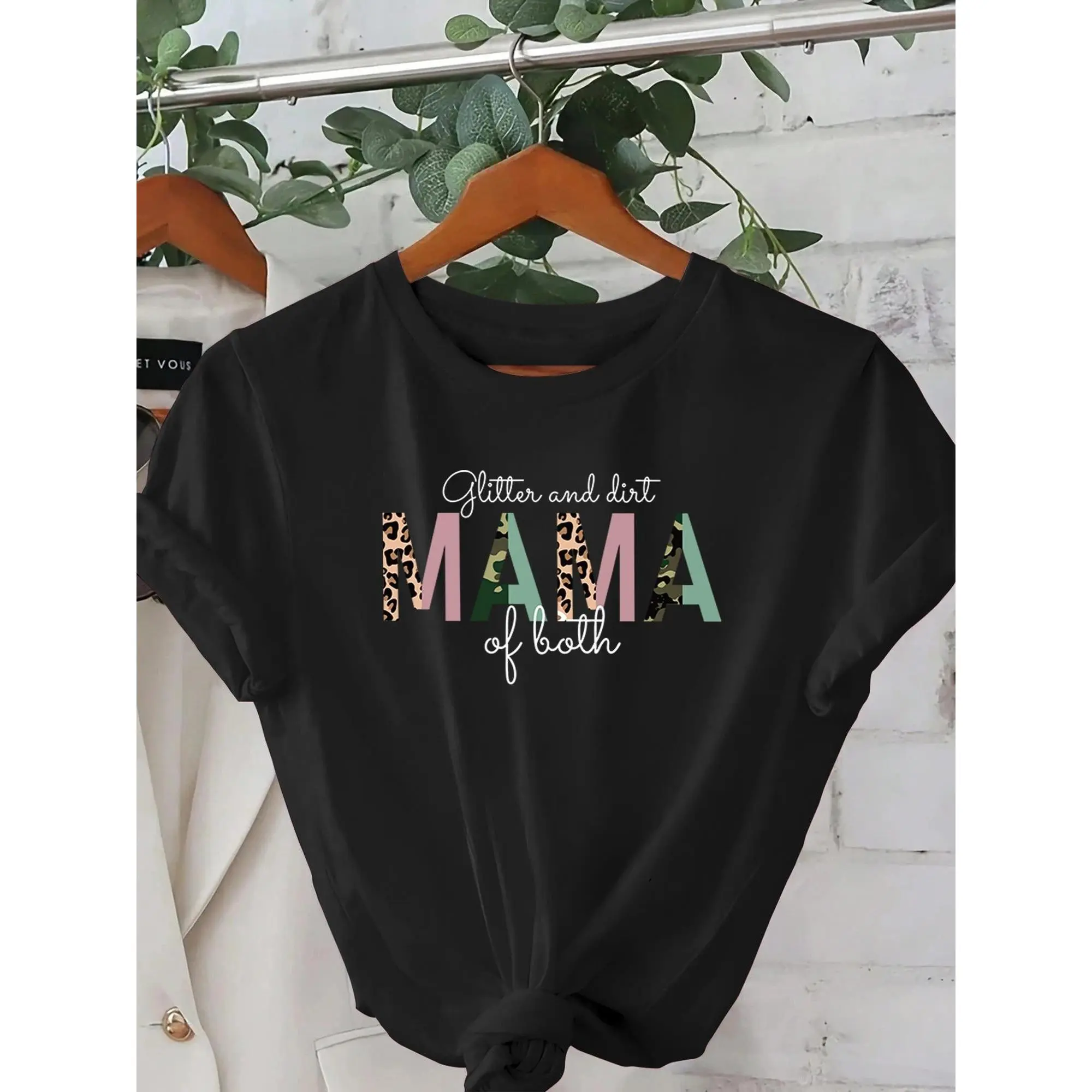 Mother's Day Creative Monogram Printed T-shirt, Women's Casual, Vacation, Short-sleeved Round Neck, Spring and Summer, Machine Washable, New Women's Clothing, Out of the Street Versatile, S