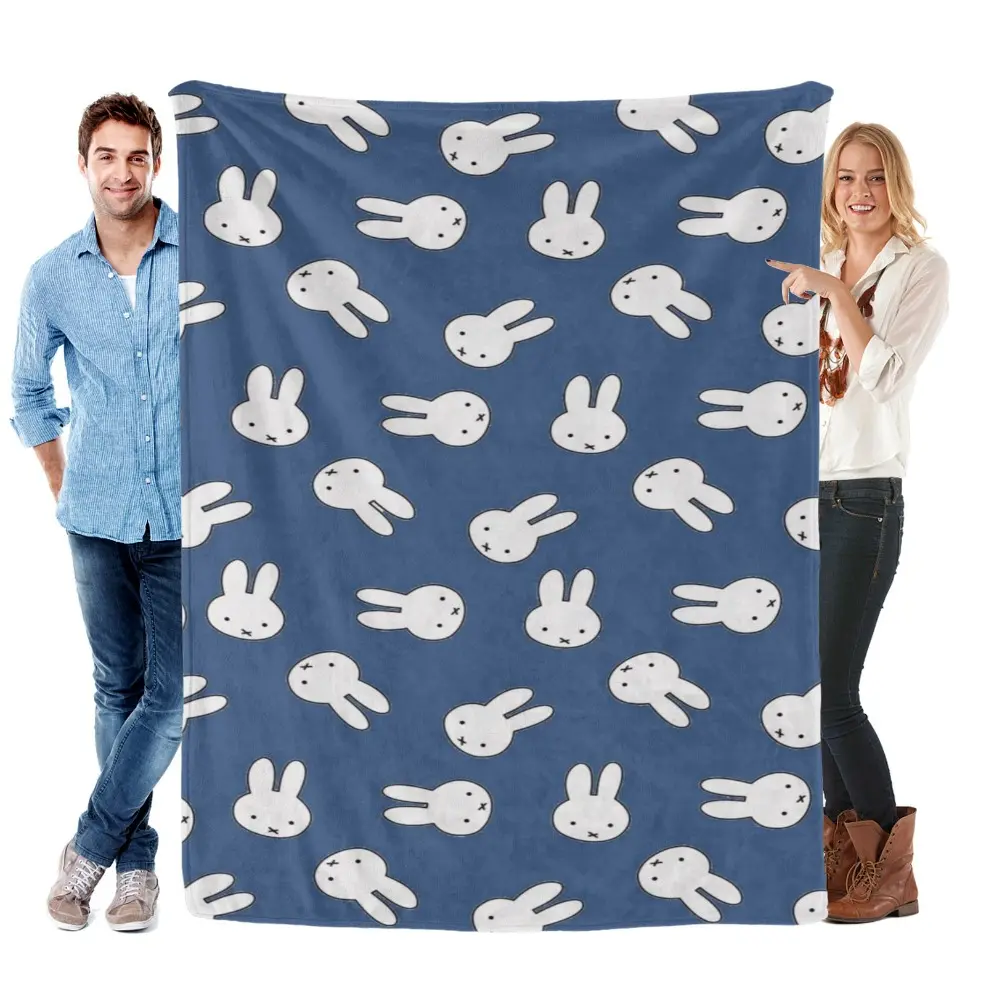 Minimalist Simple White Bunny Head Sketch Print Flannel Throw Blanket, Baby Blankets and Adult Blankets, Navy Blue Base Cute Cartoon Rabbit Ultra Soft All Season Cozy Lightweight Cover, Multi-Size Gentle Bedding For Nursery, Couch, Bed, Office & Travel, N
