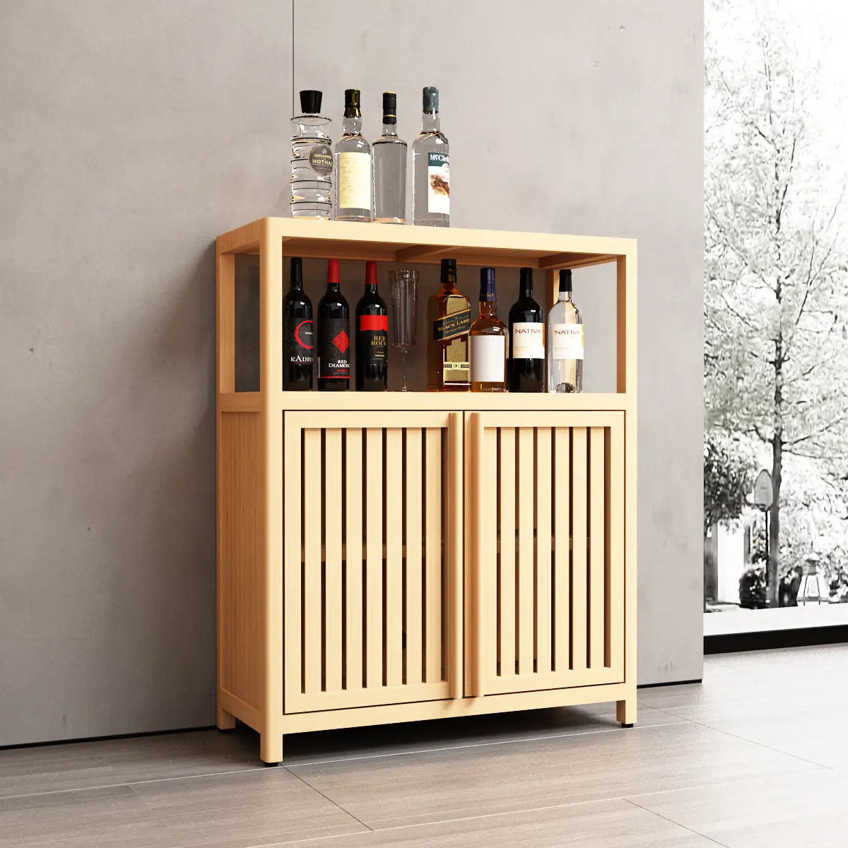 Eco-Friendly Natural Bamboo Wood Freestanding Floor Storage Cabinet - 2 Louvered Doors, Moisture-Proof Rounded Edge, Multi-Purpose Organizer, Easy Assembly, Bamboo Grain Charm, Bath & Kitchen Fit, Bathroom Ready, Pantry Organizer