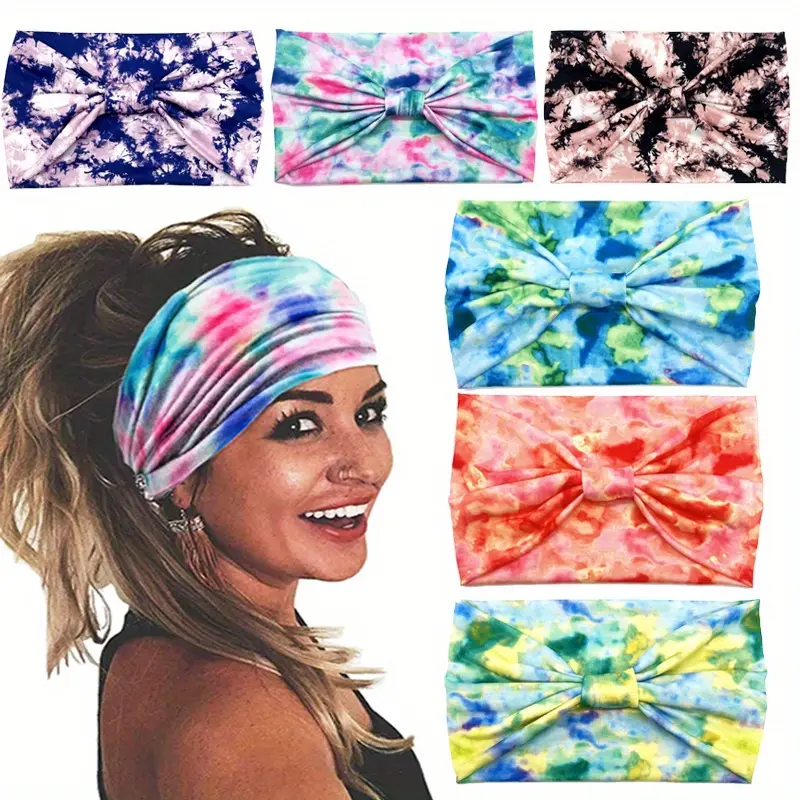 Women's 4-Pack African Style Tie Dye Printed Elastic Fabric Sports Headbands - Wide Edge, Breathable, Sweat-Absorbing Headbands for Women's Yoga, Fitness