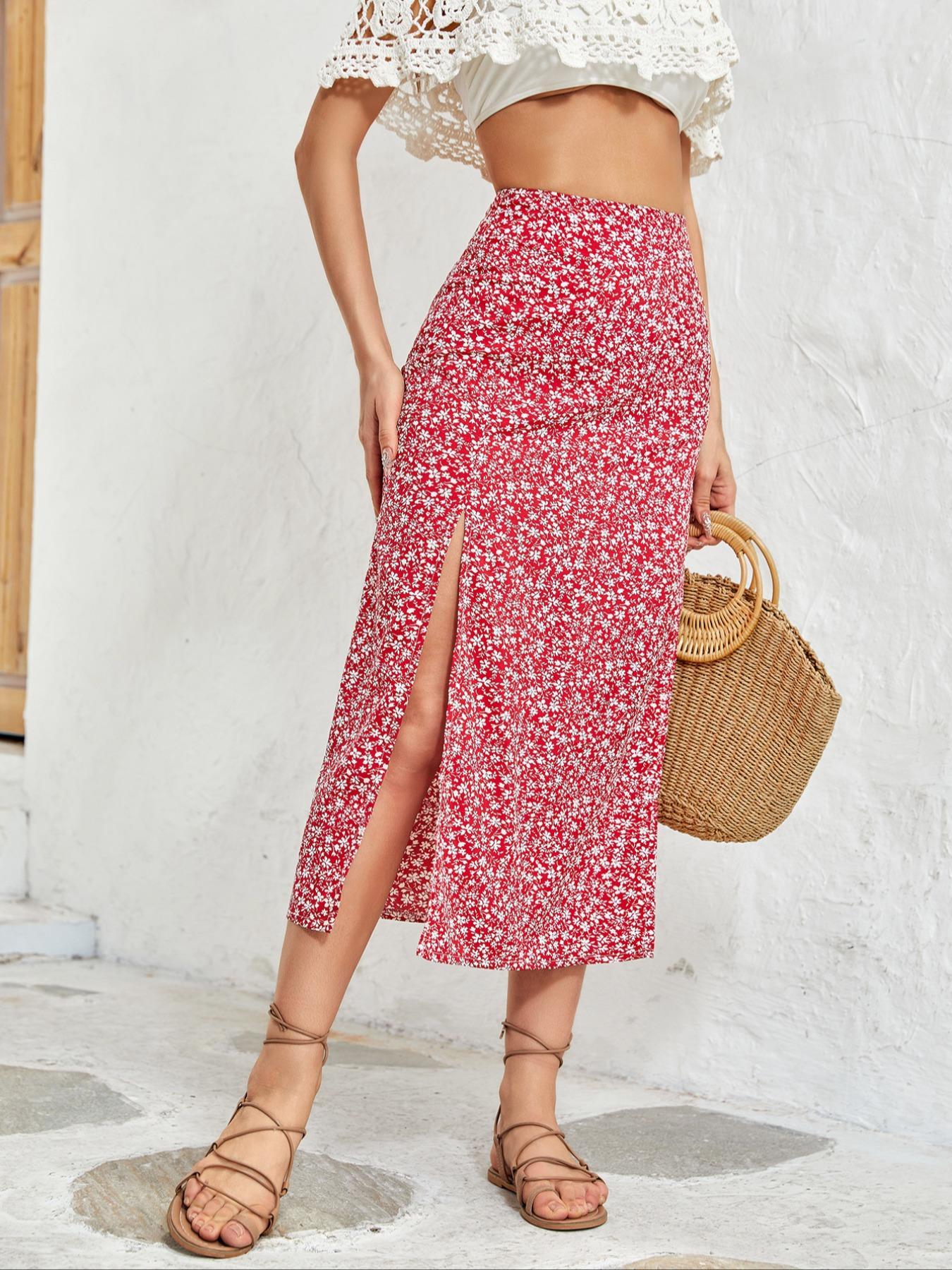 Women's Ditsy Floral Print Split Thigh A Line Skirt, Boho Bohemian Casual High Waist Midi Skirt for Beach Holiday Vacation, Summer Outfits 2024, Ladies Summer Clothes, Womenswear Bottom