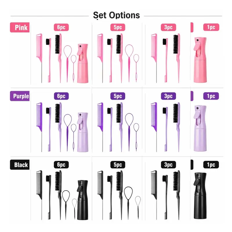 1/3/5/6 Counts Hair Styling Kit Home Styling Tool with Rat-Tail Comb, Edge Brush, Spray Bottle, Hair Ties and Brushes, Hair Brush Set for Sleek Slicked-Back Styles, Braids, Ponytails and Wigs, Hair Braiding Tools, Heatless Styling Tools