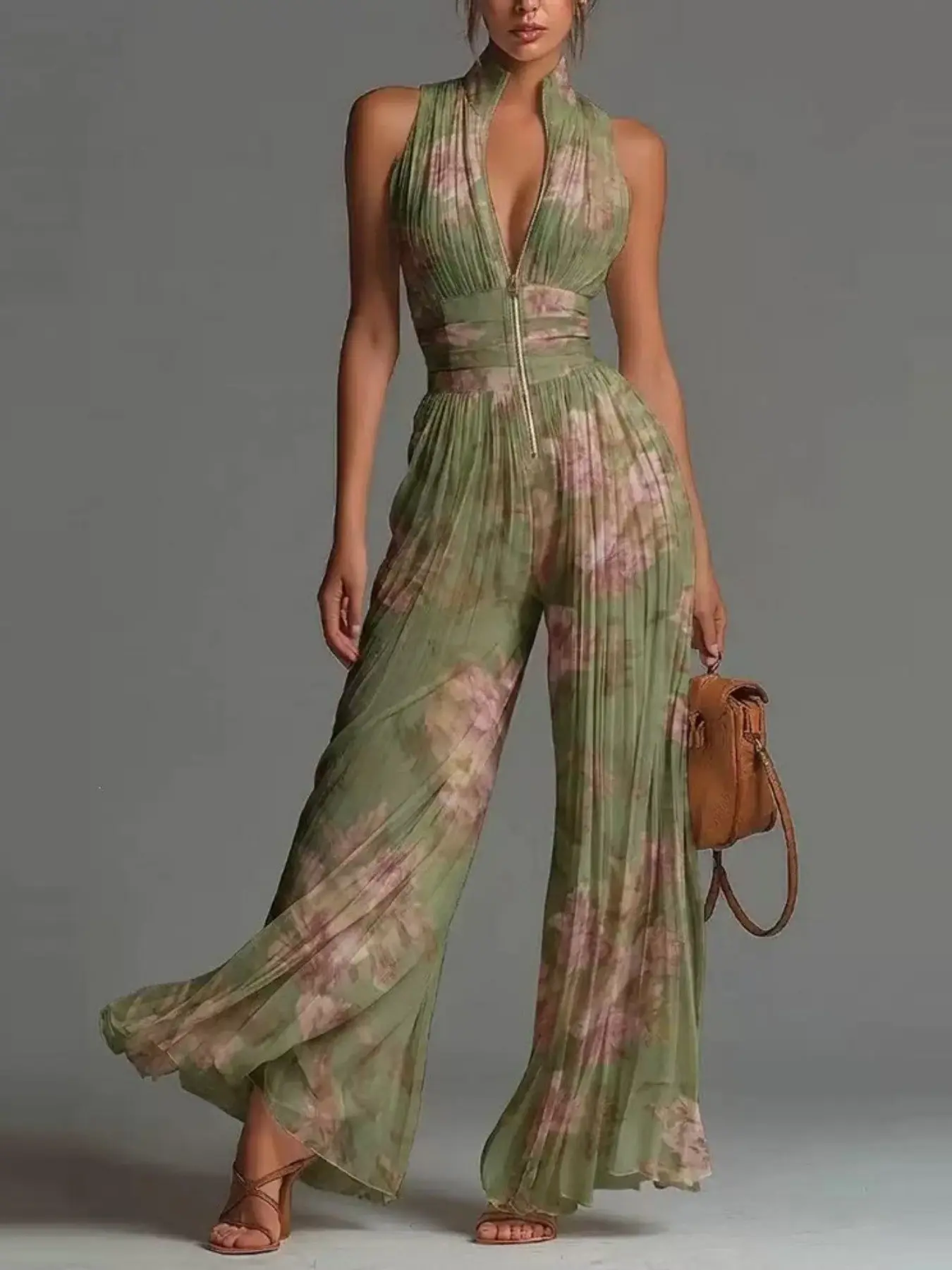 2026 New European Style Fashion Sexy Pleated Halter Neck Stand Collar Zipper Jumpsuit, Long Wide Leg Pants, Elegant High Waist